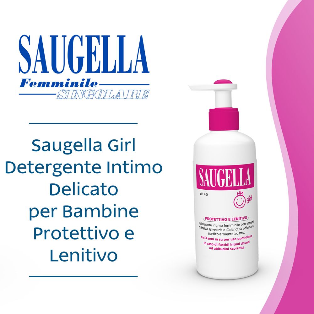 Flacone con dettagli rosa. Testo: SAUGELLA, girl. Nome prodotto: Saugella Girl. Testo: PROTETTIVO E LENITIVO.