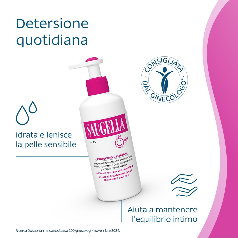 Sfondo rosa con testo. Testo: Detersione quotidiana. Immagine di un flacone Saugella Girl. Logo: Consigliato dal ginecologo.