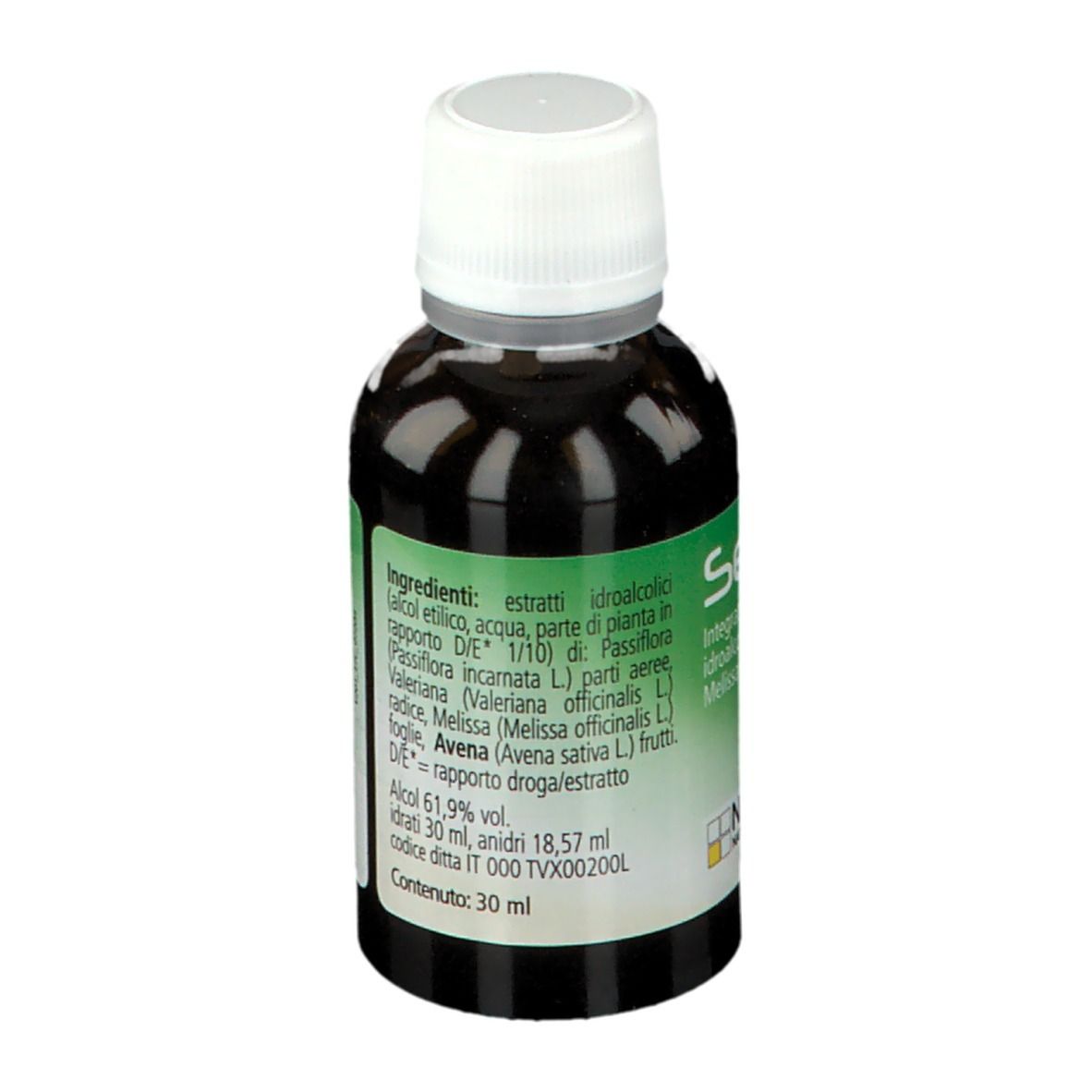 Flacone marrone con tappo bianco. Etichetta con ingredienti e informazioni sul prodotto.