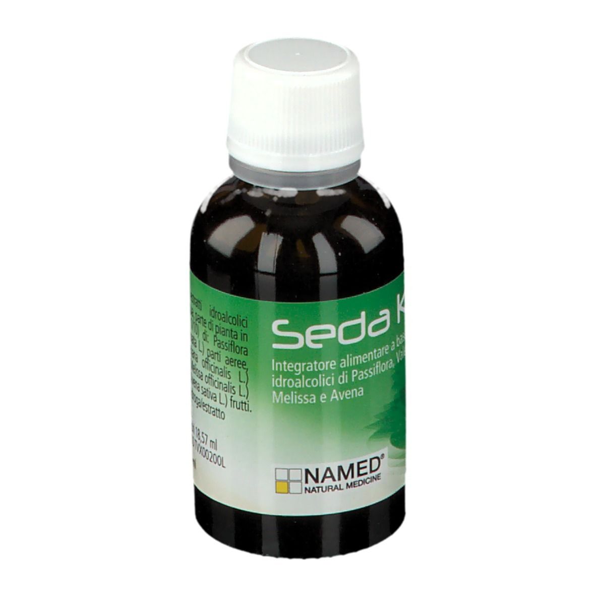 Flacone marrone con tappo bianco. Scritta: Seda K, NAMED. Etichetta verde e bianca con informazioni.