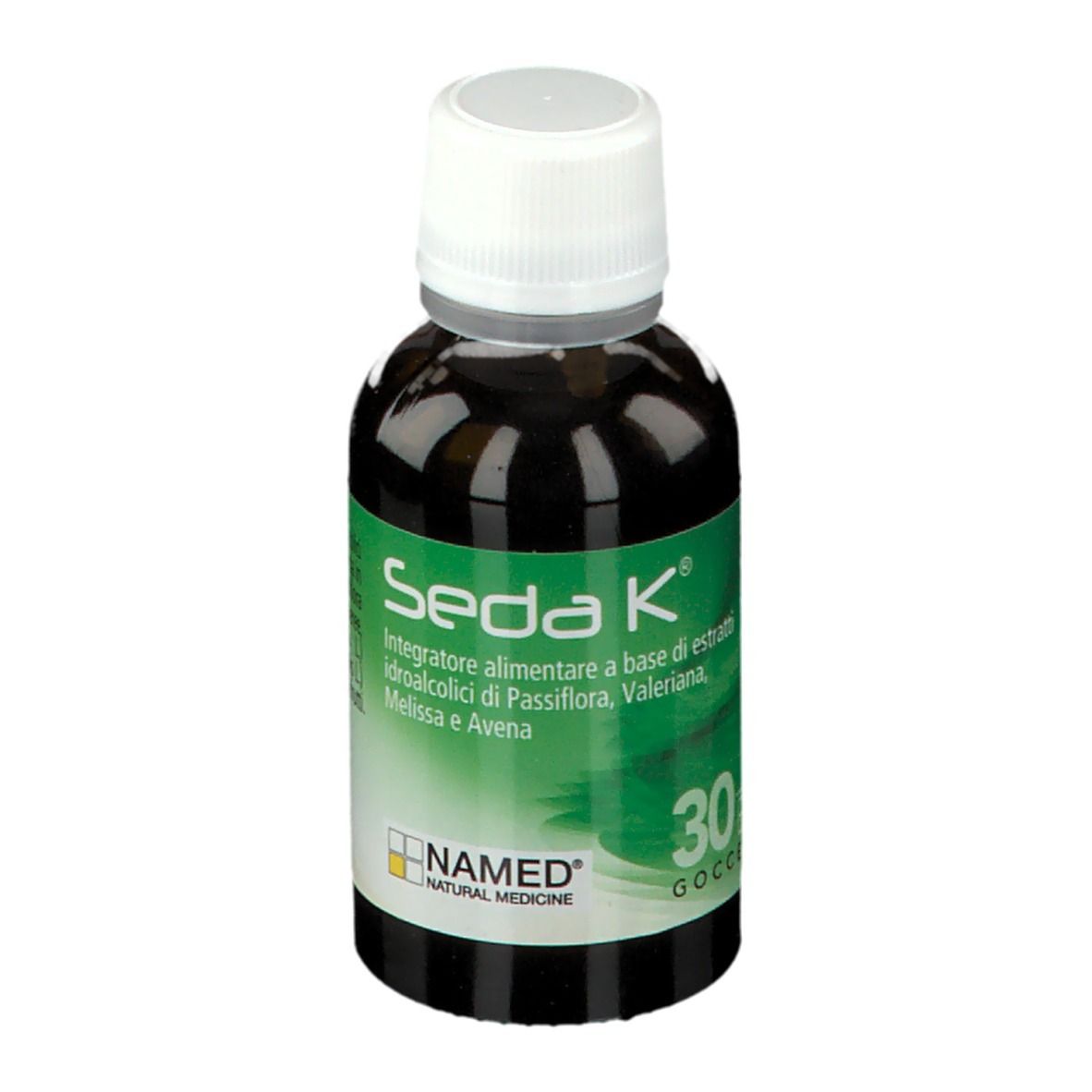 Flacone marrone con tappo bianco. Scritta: Seda K, NAMED. Etichetta verde e bianca con informazioni.