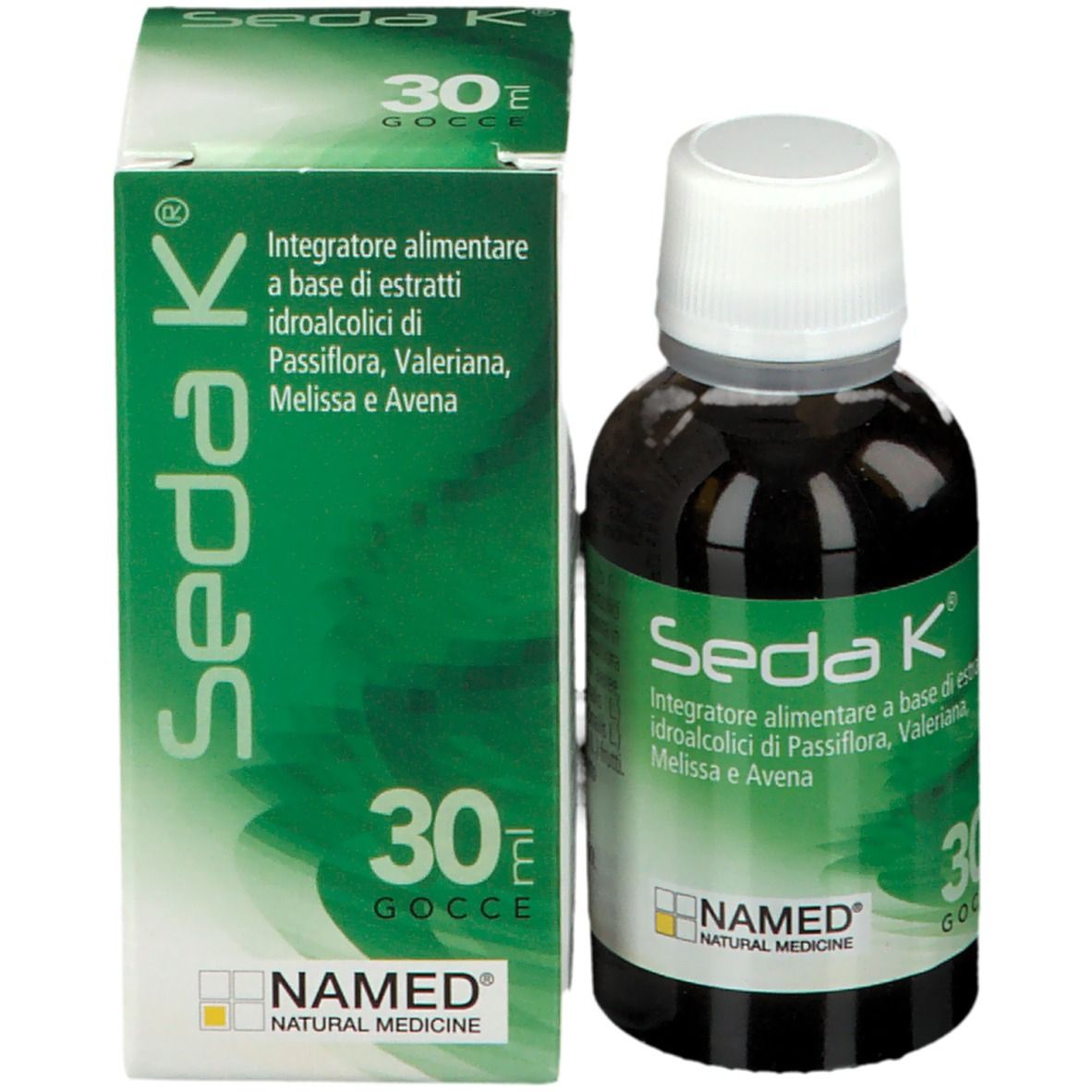 Flacone e confezione Seda K. Flacone marrone, tappo bianco. Confezione verde-bianca, scritta Seda K, NAMED.