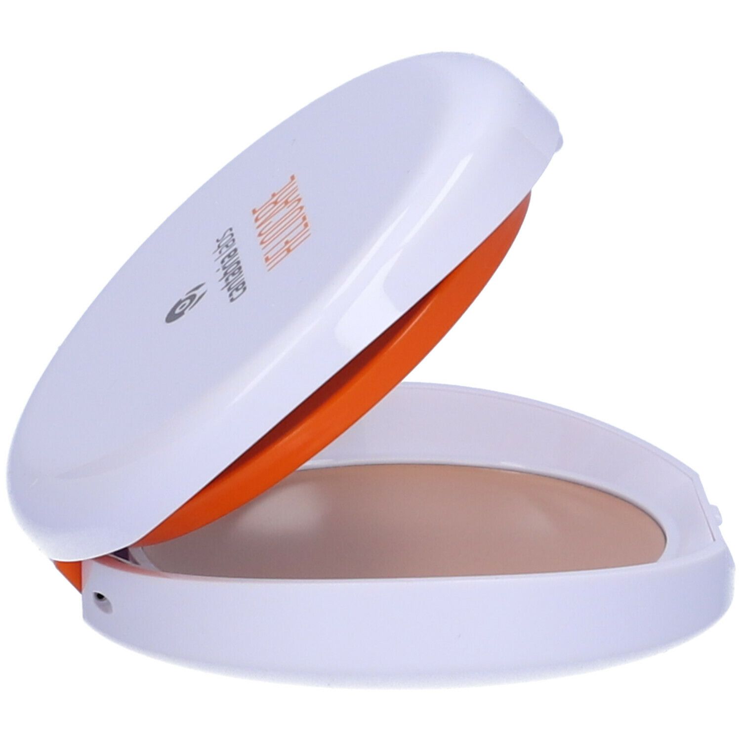 Contenitore compatto per trucco bianco e arancione, parzialmente aperto. Prodotto visibile.