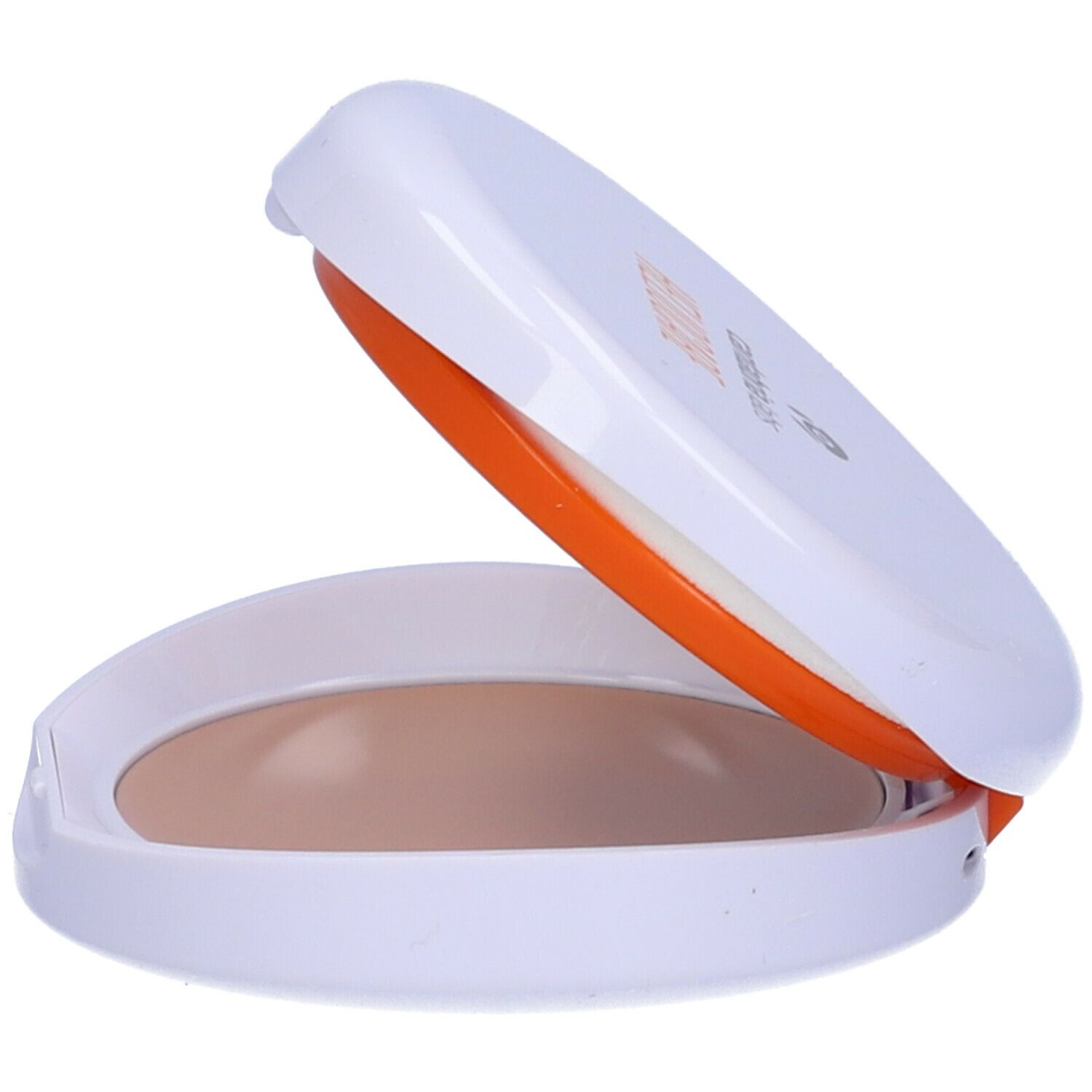 Contenitore compatto per trucco bianco e arancione, parzialmente aperto. Prodotto e applicatore visibili.