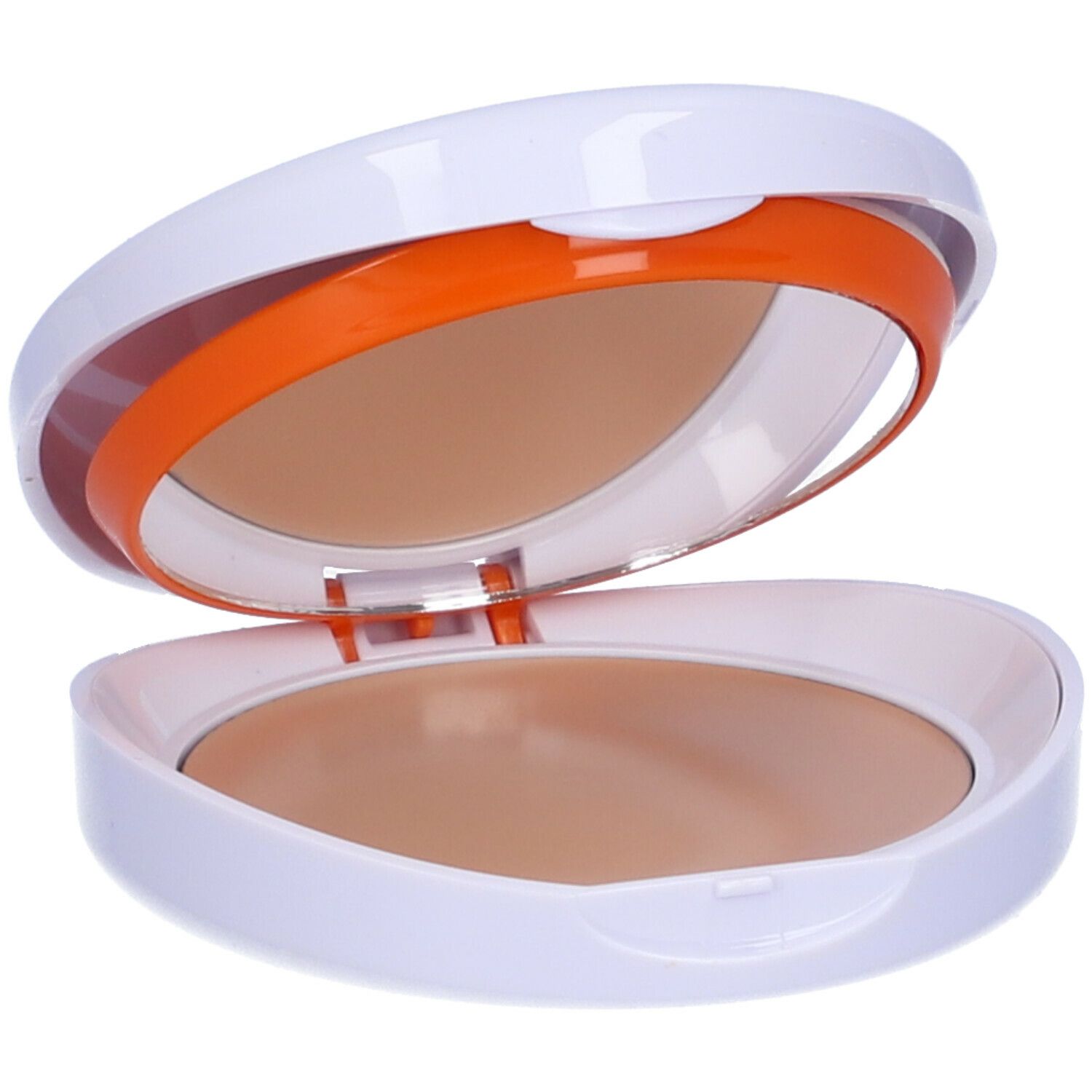 Contenitore compatto per trucco bianco e arancione, aperto. Specchio e prodotto colorato visibili.