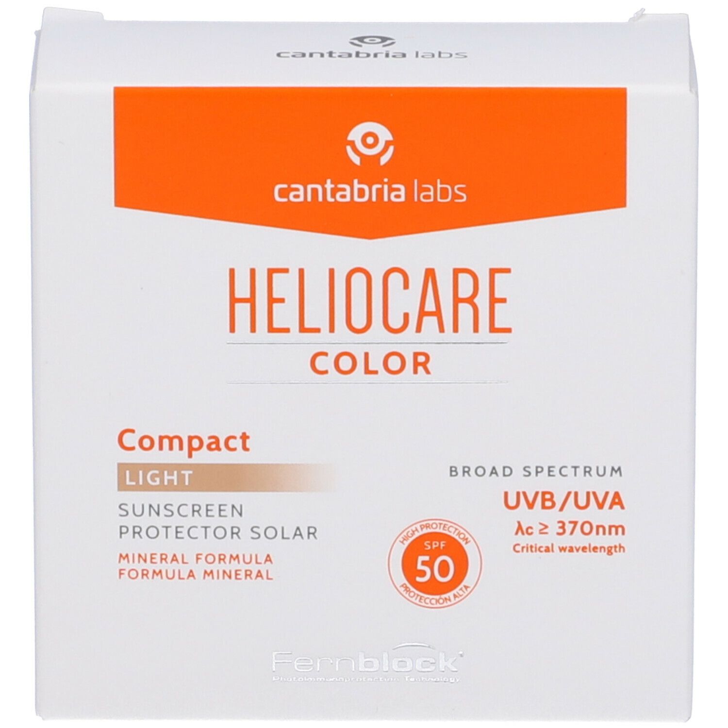 Confezione bianca del prodotto con dettagli arancioni. Testo: Heliocare Color, Compact Light, SPF 50.
