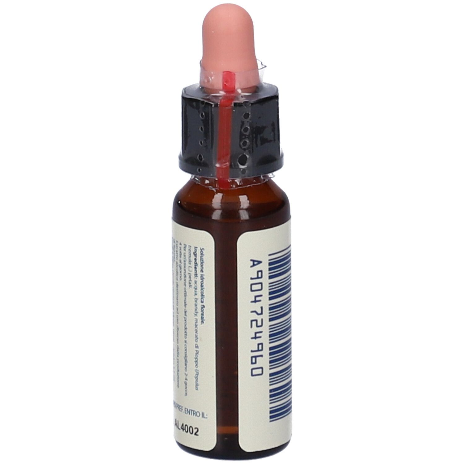 Flacone di vetro marrone con contagocce. Etichetta con codice a barre e informazioni. Vista laterale.