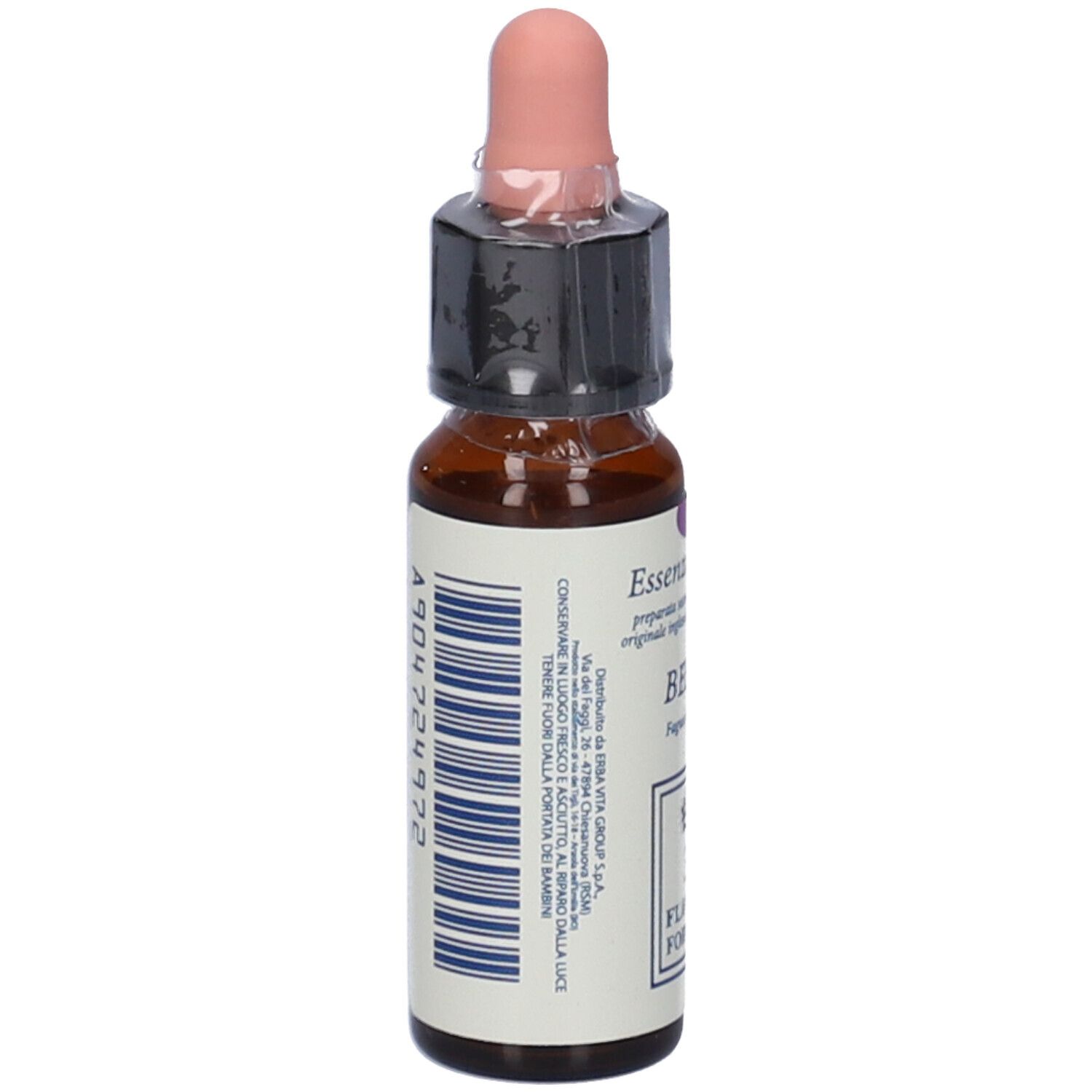 Flacone di vetro marrone con contagocce. Scritta e codice a barre sul retro. Tappo contagocce rosa. Etichetta con testo.