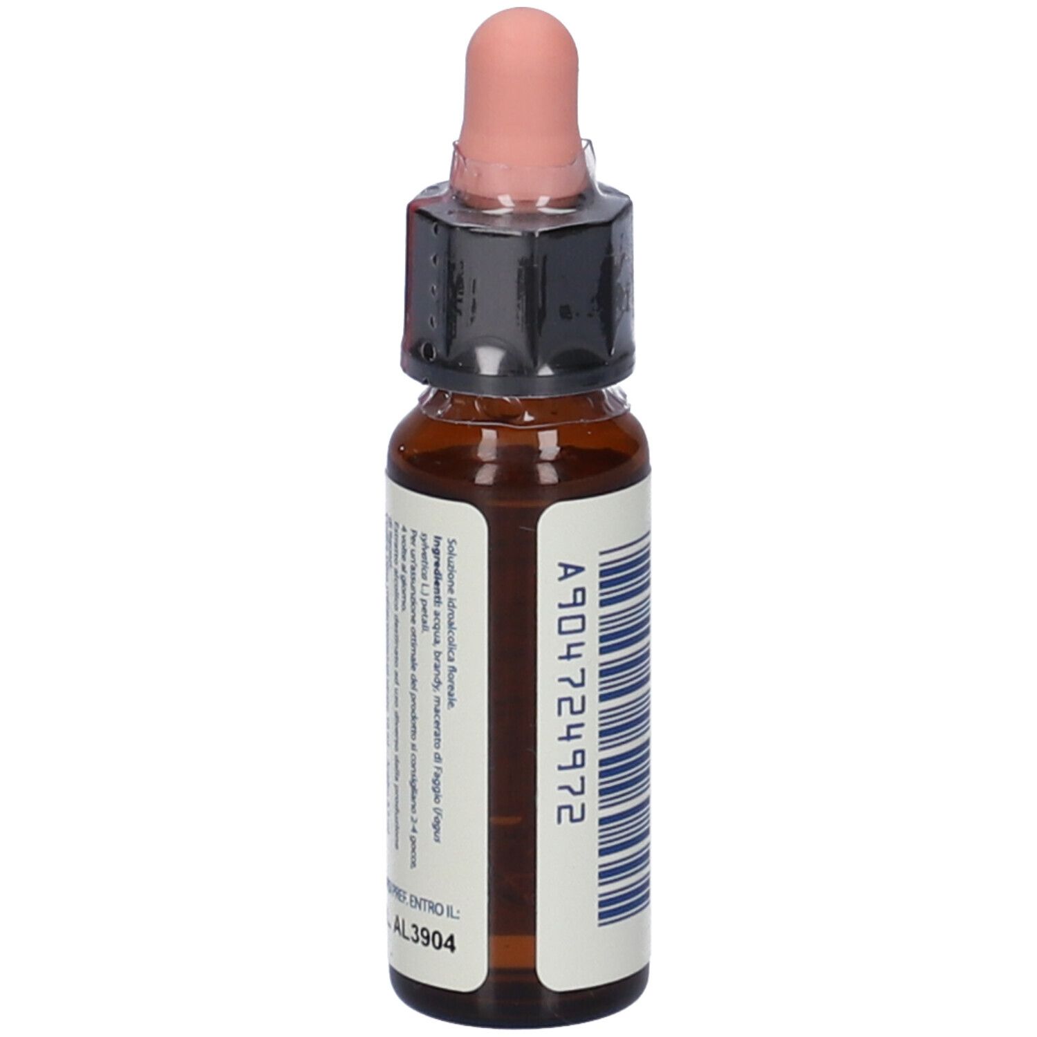 Flacone di vetro marrone con contagocce. Codice a barre e testo sul retro. Tappo contagocce rosa. Etichetta con testo.