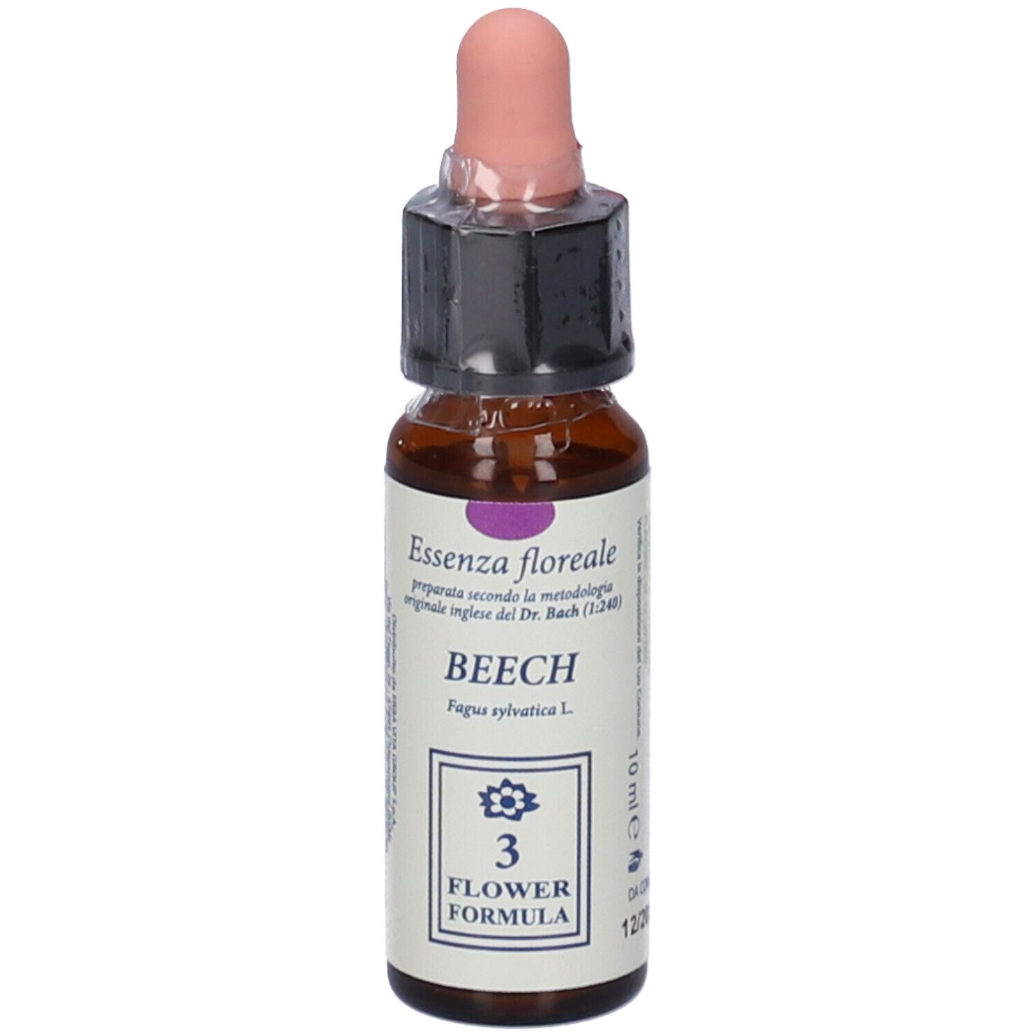 Flacone di vetro marrone con contagocce. Scritta: BEECH, 3 Flower Formula, 10 ml. Tappo contagocce rosa. Etichetta con testo.