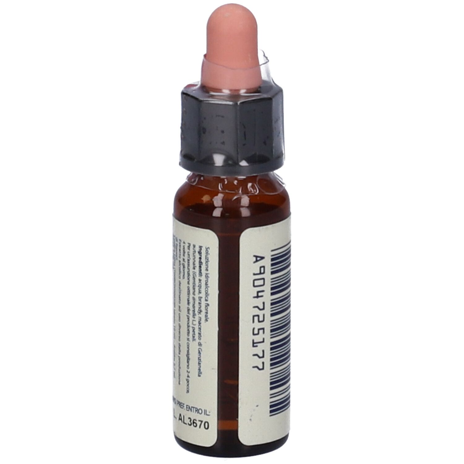 Flacone di vetro marrone con contagocce. Scritta e codice a barre. Tappo rosa.