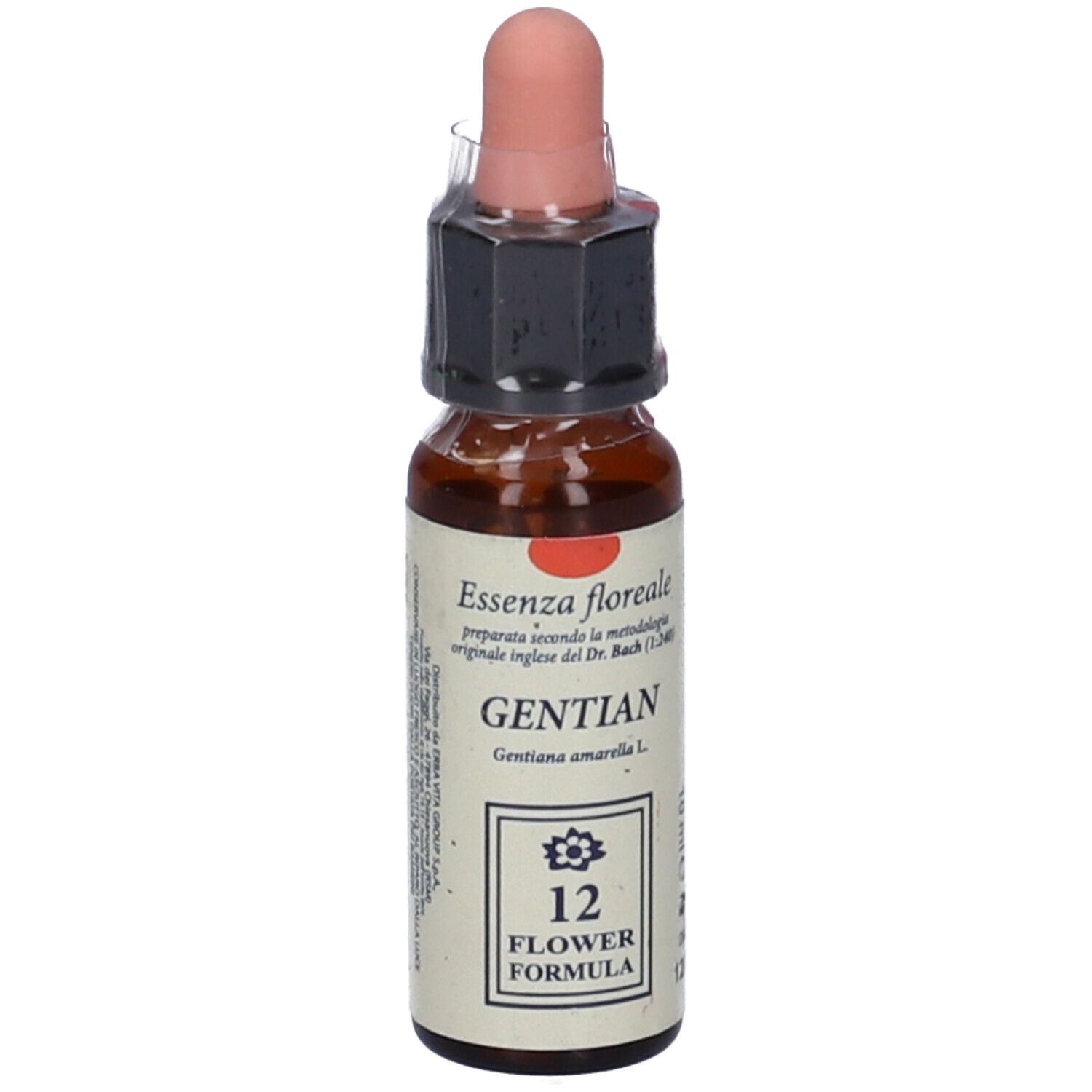 Flacone di vetro marrone con contagocce. Scritta: GENTIAN, 12 FLOWER FORMULA. Tappo rosa.
