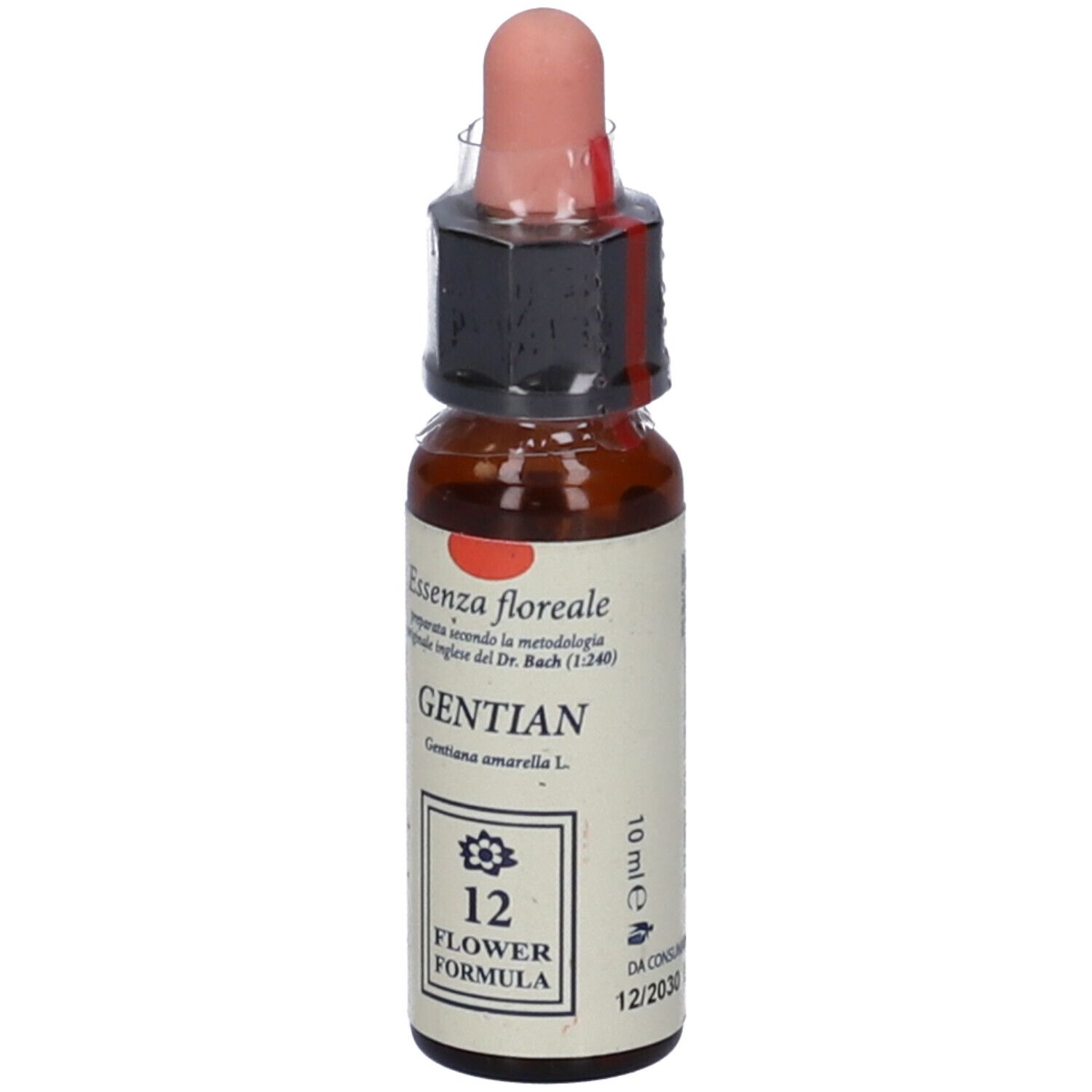 Flacone di vetro marrone con contagocce. Scritta: GENTIAN, 12 FLOWER FORMULA. Tappo rosa. 10 ml.