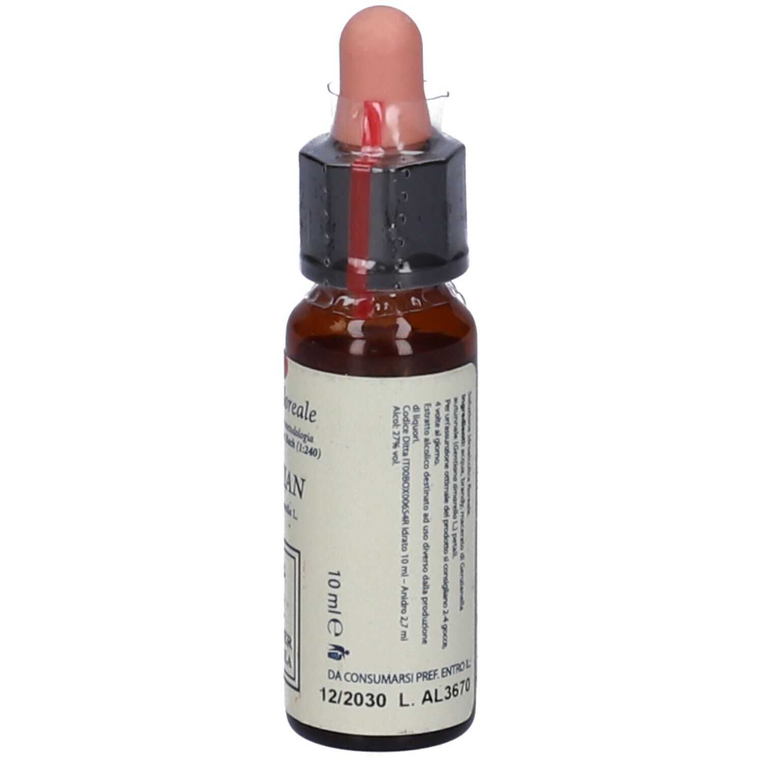Flacone di vetro marrone con contagocce. Scritta e data di scadenza. Tappo rosa. 10 ml.