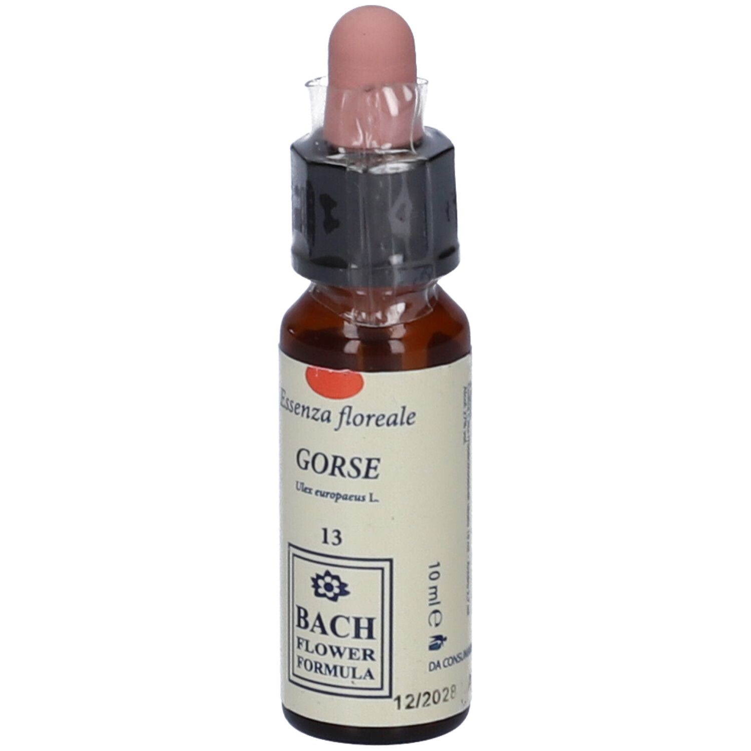 Flacone di vetro marrone con contagocce. Scritta: Gorse, Bach Flower Formula. Confezione sigillata.