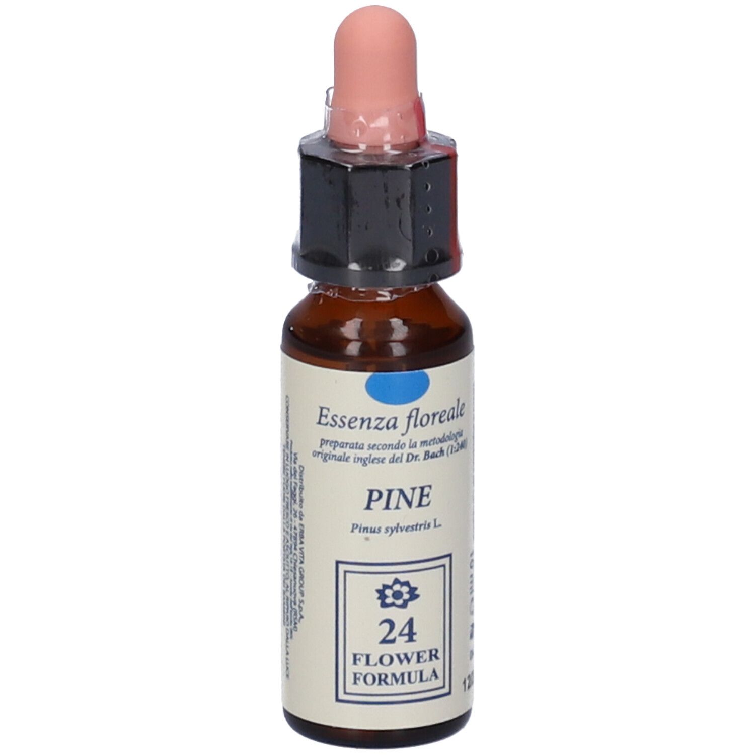 Flacone di vetro marrone con contagocce. L'etichetta riporta: PINE, 24 FLOWER FORMULA. Il contagocce è rosa.