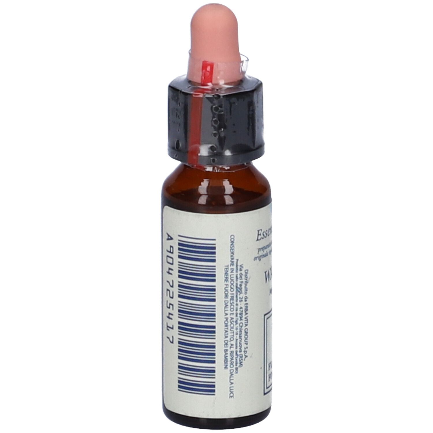 Flacone di vetro marrone con contagocce. Scritta: WALNUT, BACH FLOWER FORMULA. Codice a barre.