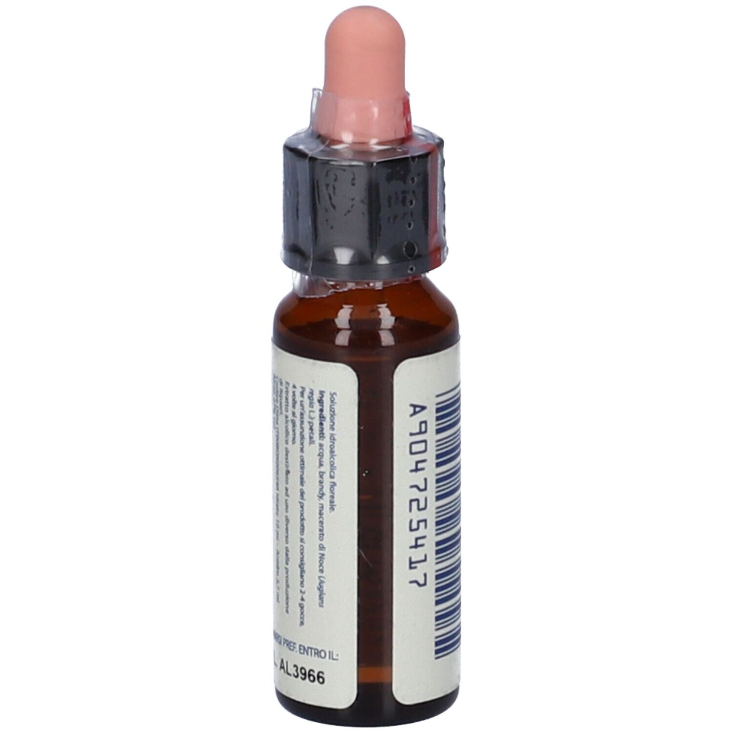 Flacone di vetro marrone con contagocce. Scritta: WALNUT, BACH FLOWER FORMULA. Codice a barre.