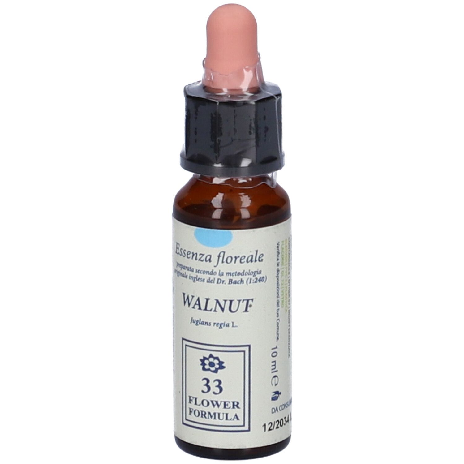 Flacone di vetro marrone con contagocce. Scritta: WALNUT, BACH FLOWER FORMULA. 10 ml. Scadenza.