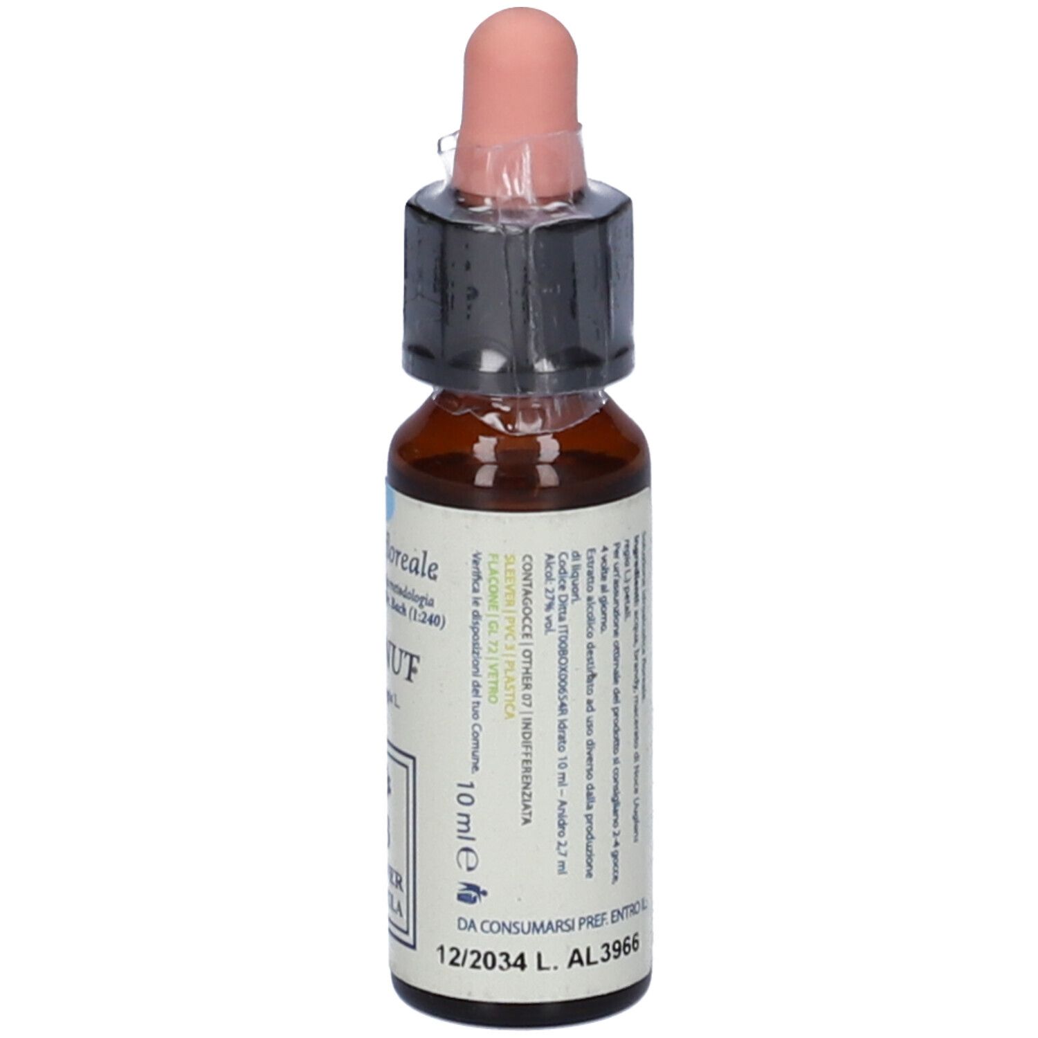 Flacone di vetro marrone con contagocce. Scritta: WALNUT, BACH FLOWER FORMULA. 10 ml. Dettagli.