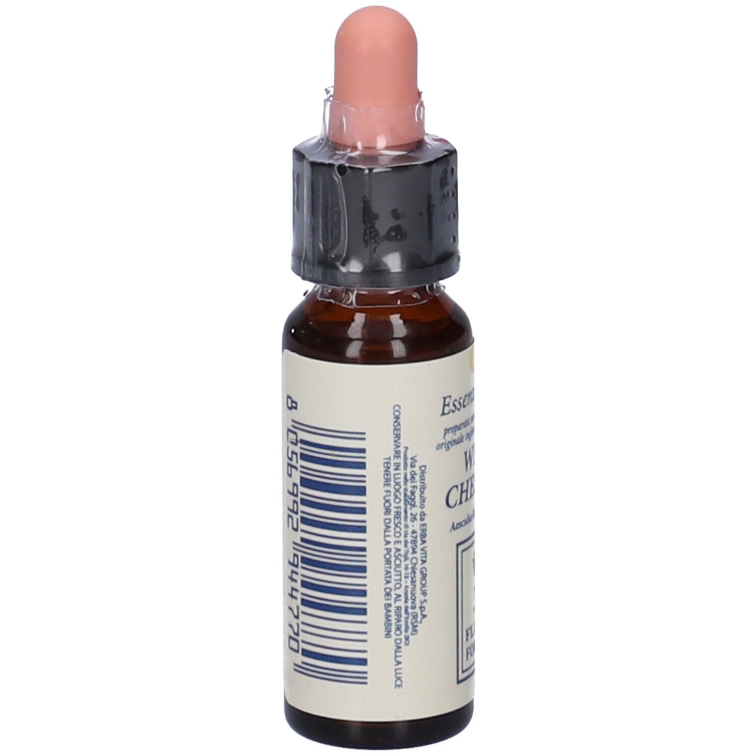 Flacone di vetro marrone con contagocce. Codice a barre ed etichetta. Vista posteriore.