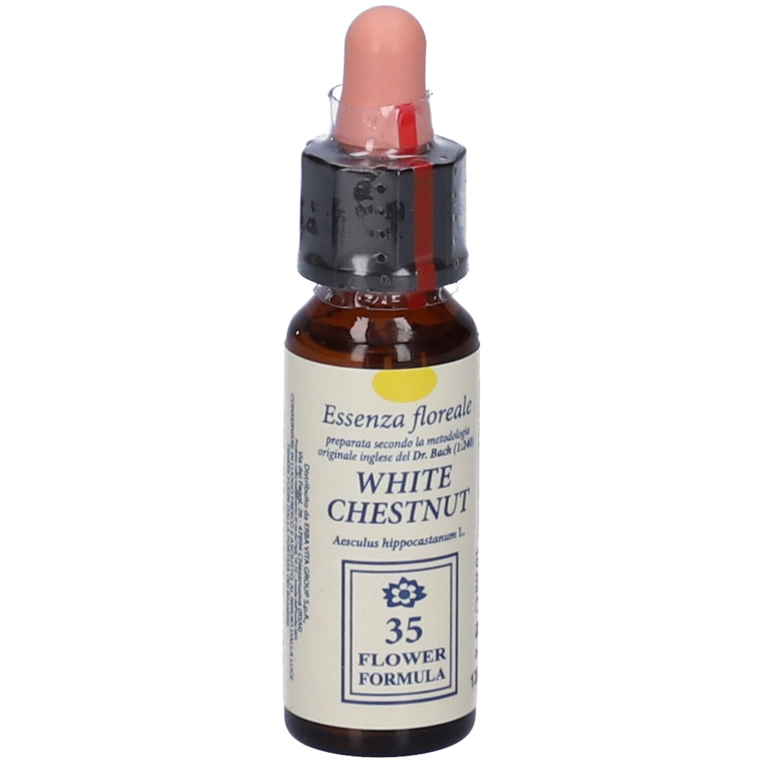 Flacone di vetro marrone con contagocce. L'etichetta riporta "WHITE CHESTNUT" e "35 FLOWER FORMULA".