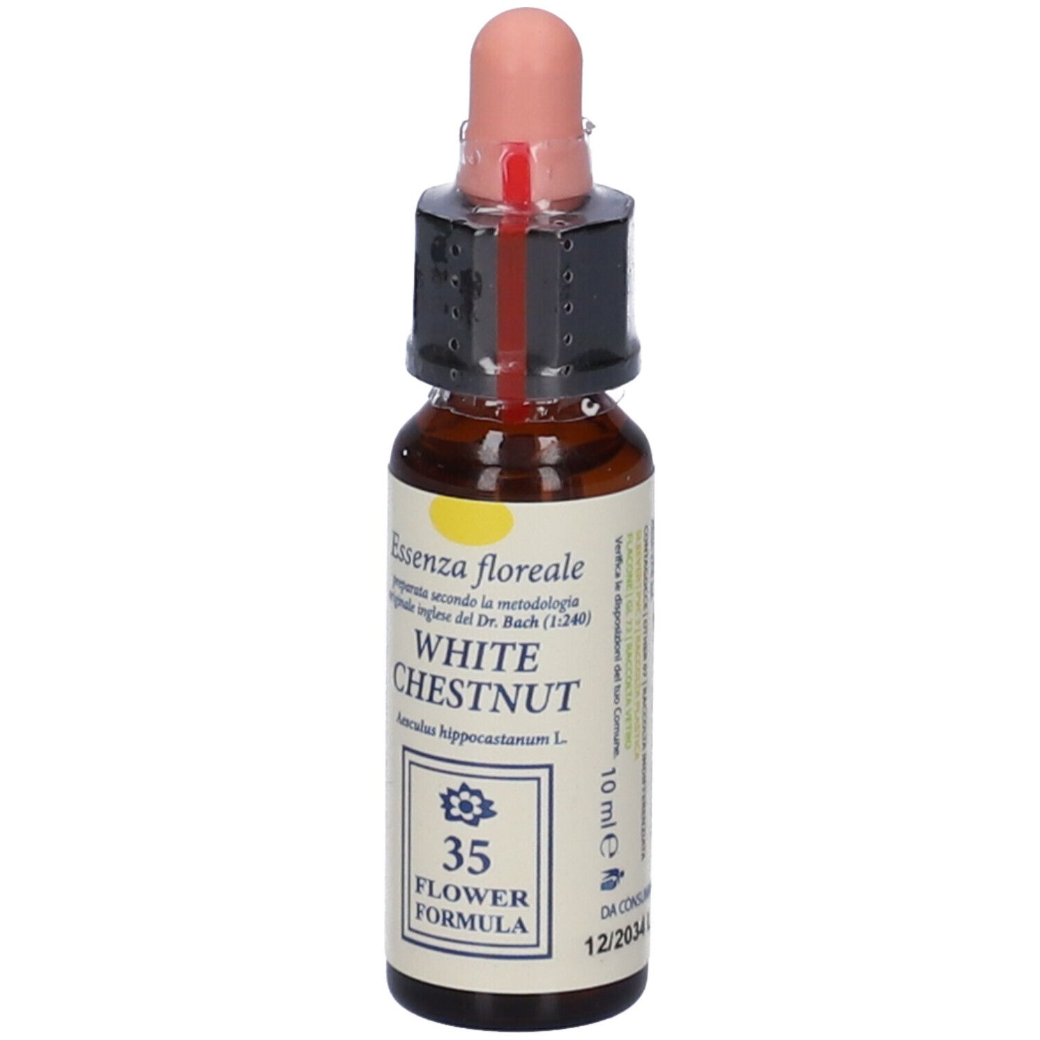Flacone di vetro marrone con contagocce. L'etichetta riporta "WHITE CHESTNUT", "10 ml" e "35 FLOWER FORMULA".