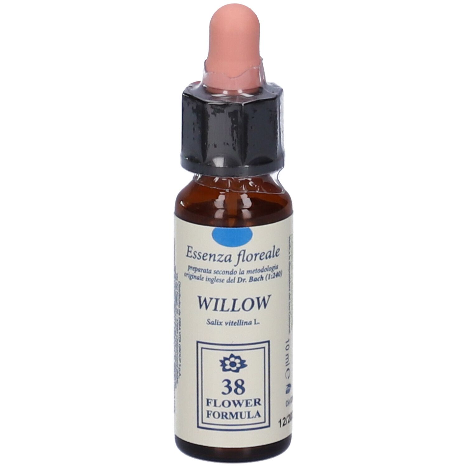 Flacone di vetro marrone con pipetta. Scritta: Willow, 10 ml. Bach Flower Formula.