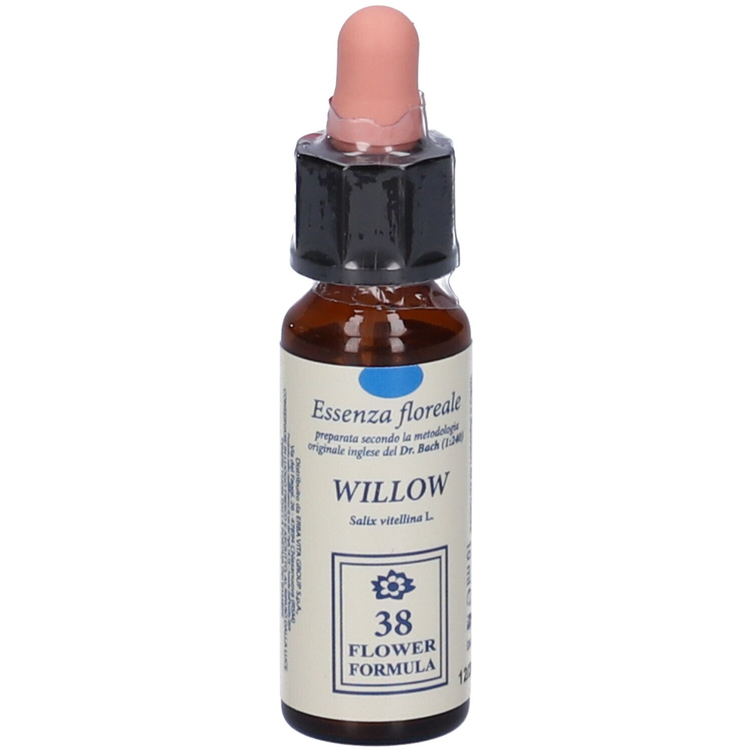 Flacone di vetro marrone con pipetta. Scritta: Willow, 10 ml. Bach Flower Formula.