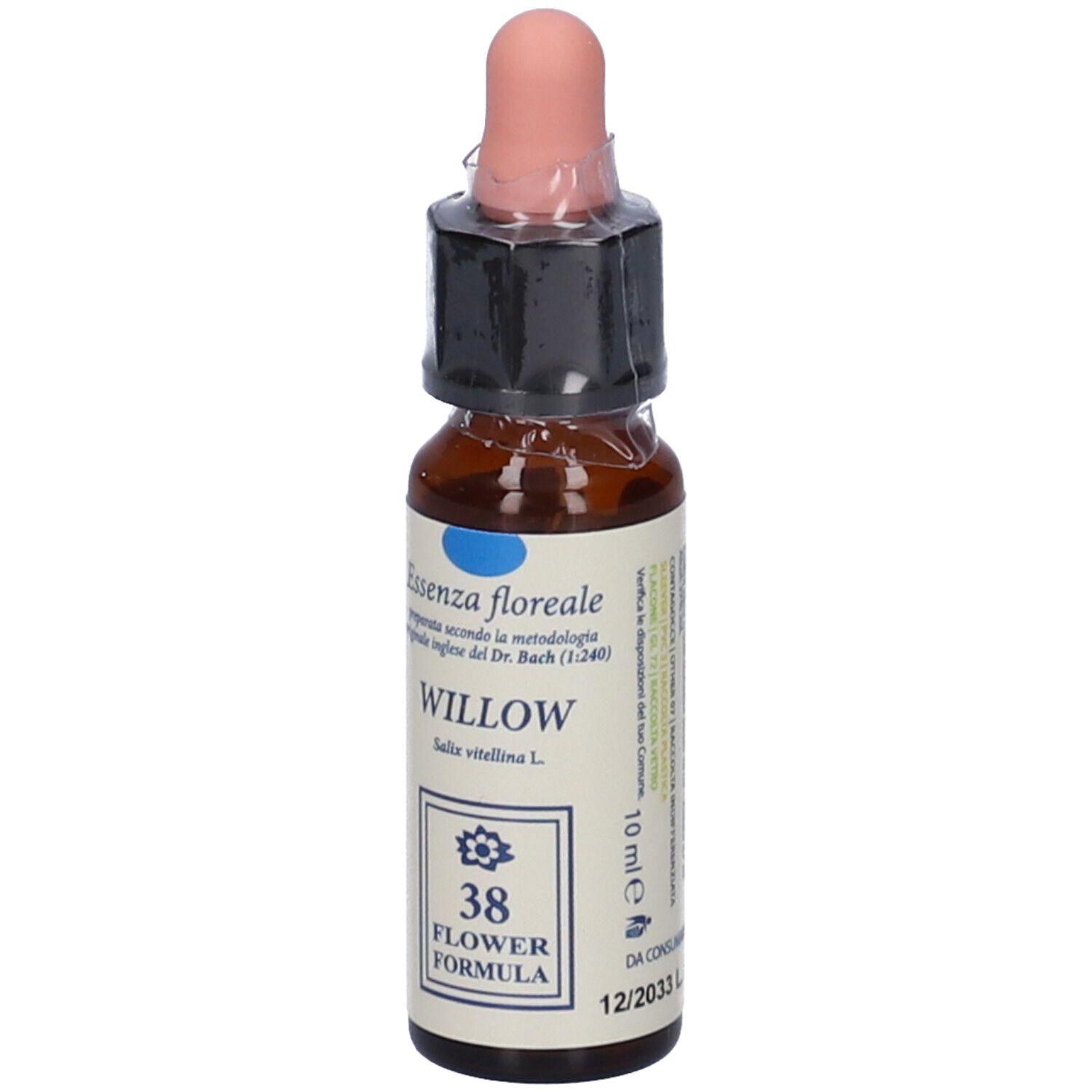 Flacone di vetro marrone con pipetta. Scritta: Willow, 10 ml. Bach Flower Formula. Data di scadenza.