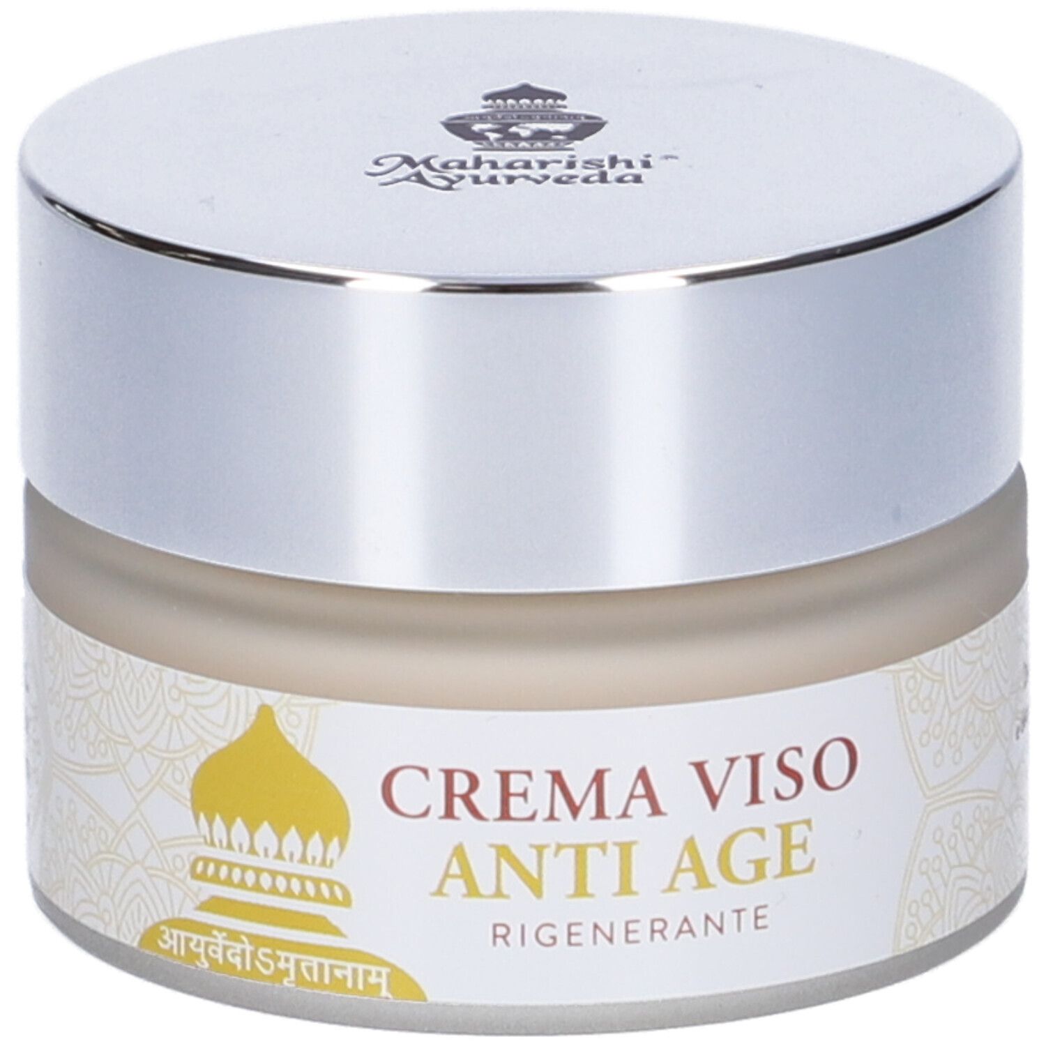 Vaso di crema con coperchio argentato. Scritta: Crema Viso Anti Age. Logo: Maharishi Ayurveda.