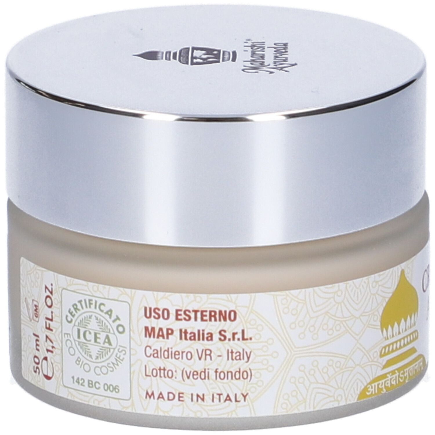 Vaso di crema con coperchio argentato. Scritta: Crema Viso Anti Age. Logo: Maharishi Ayurveda. Certificazione ICEA.