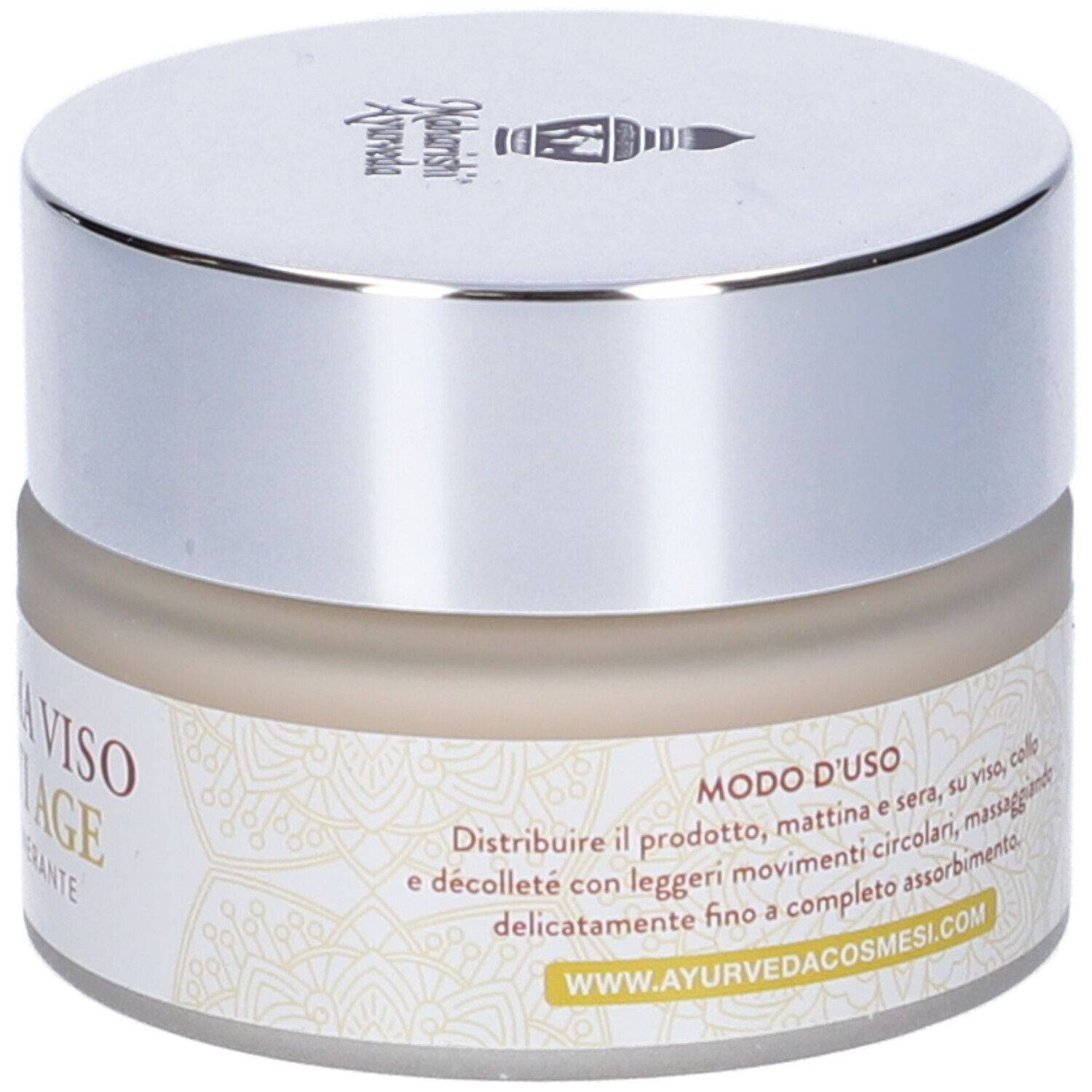 Vaso di crema con coperchio argentato. Scritta: Crema Viso Anti Age. Logo: Maharishi Ayurveda. Modo d'uso.