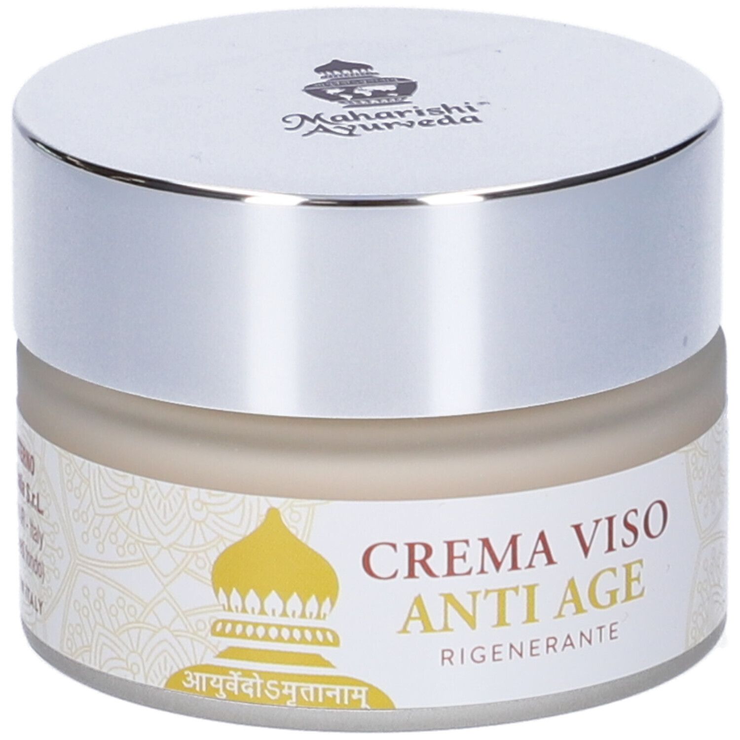 Vaso di crema con coperchio argentato. Scritta: Crema Viso Anti Age. Logo: Maharishi Ayurveda.