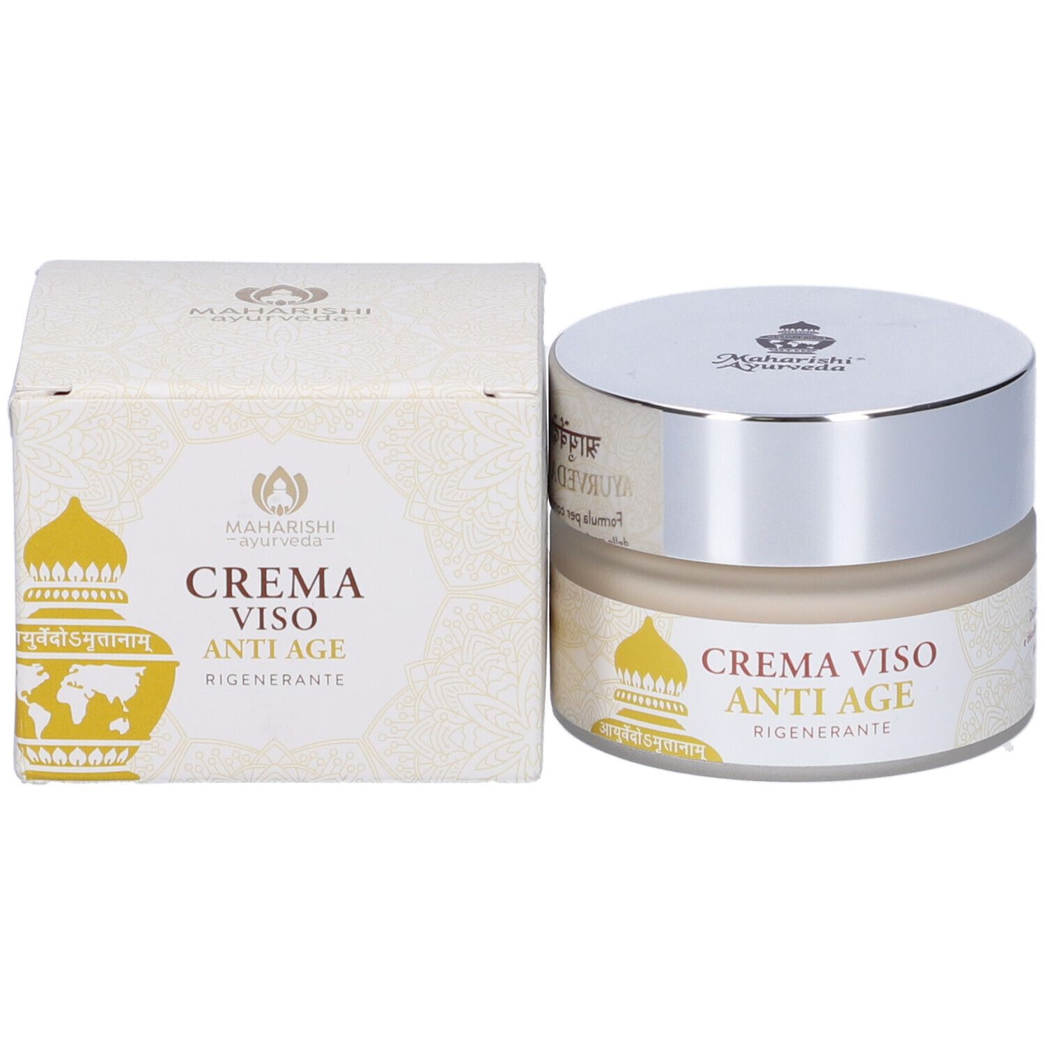 Vaso di crema e scatola. Scritta: Crema Viso Anti Age. Logo: Maharishi Ayurveda. Confezione del prodotto.