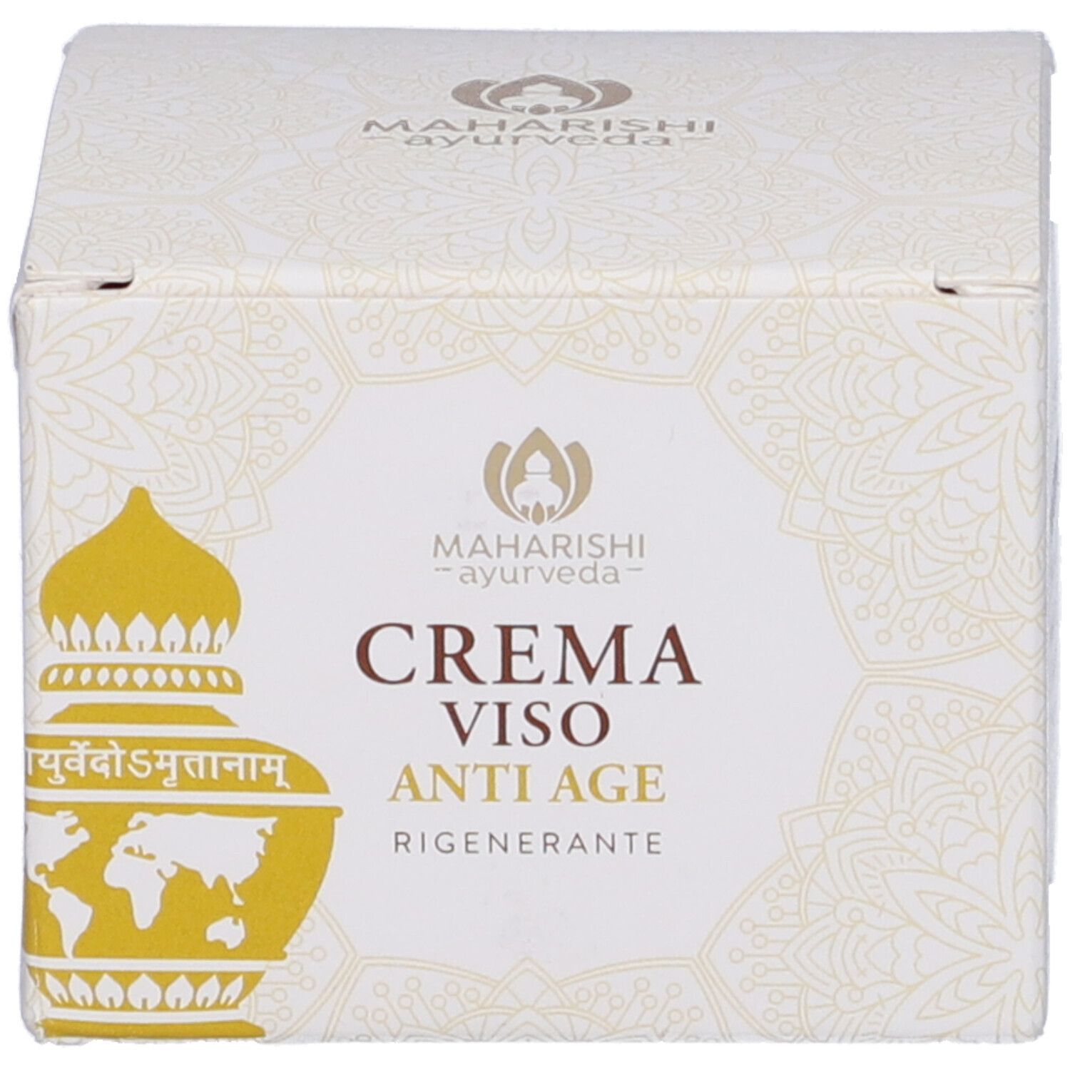 Scatola. Scritta: Crema Viso Anti Age. Logo: Maharishi Ayurveda. Confezione del prodotto.