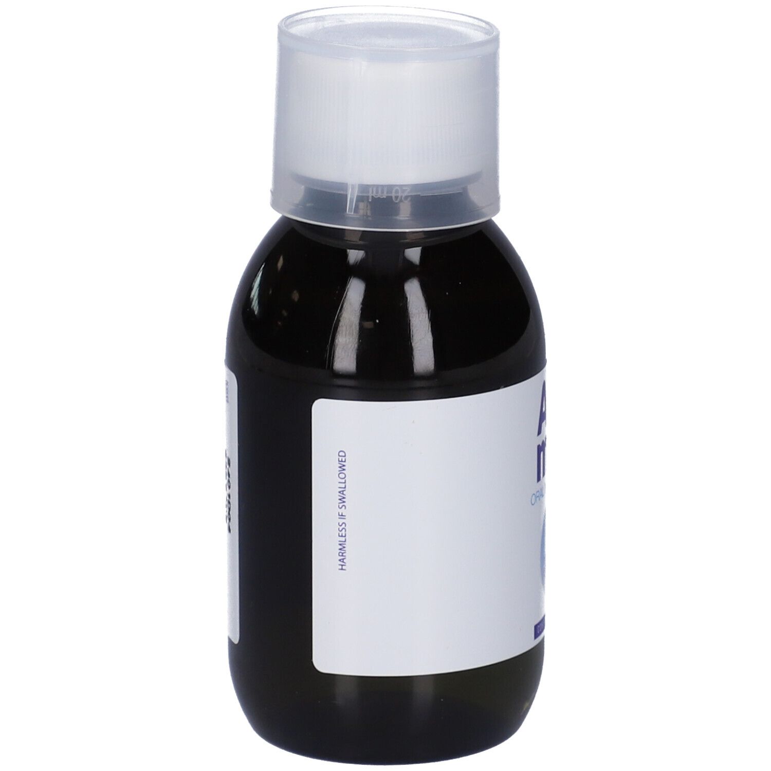 Collutorio Aftamed. Liquido marrone in una bottiglia con etichetta bianca. Innocuo se ingerito.