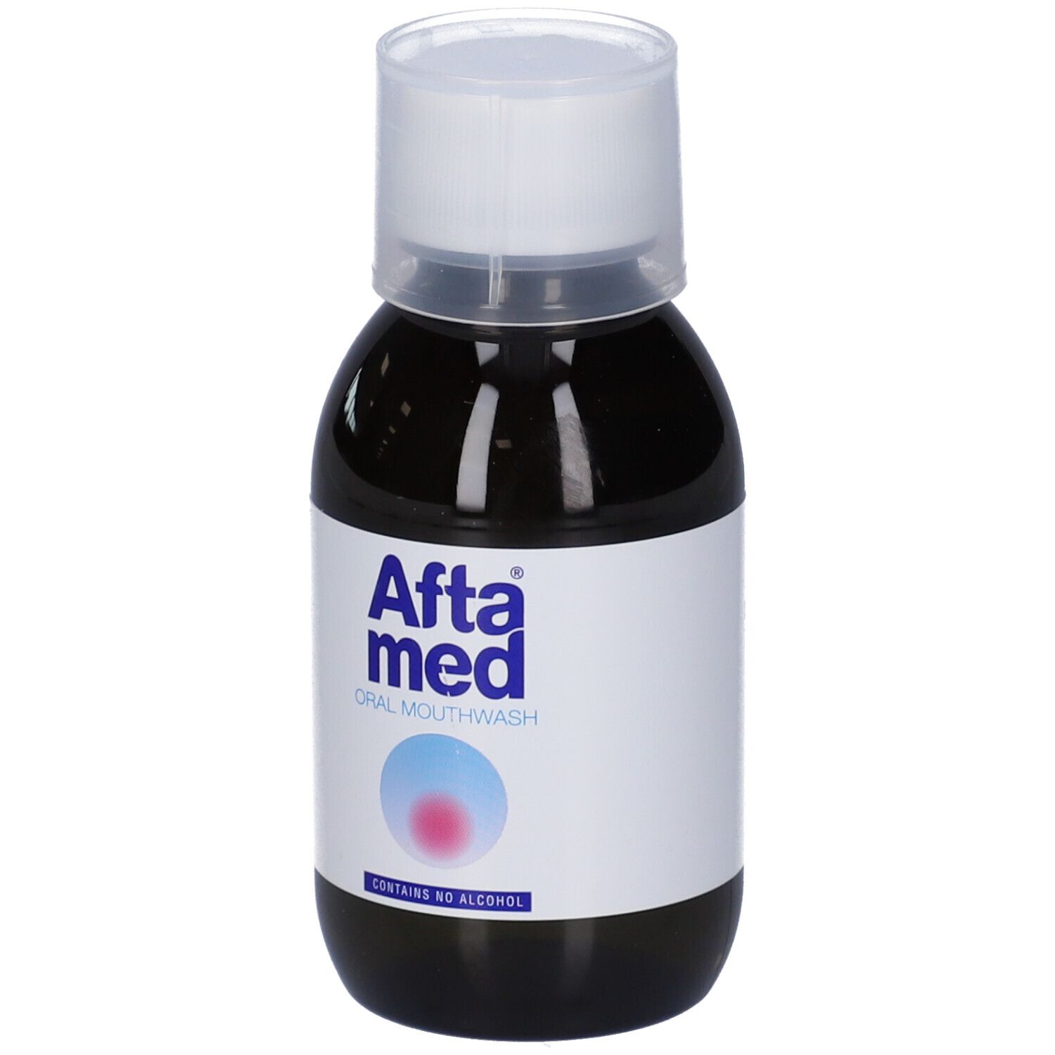 Collutorio Aftamed. Liquido marrone in una bottiglia con etichetta bianca. Non contiene alcol.
