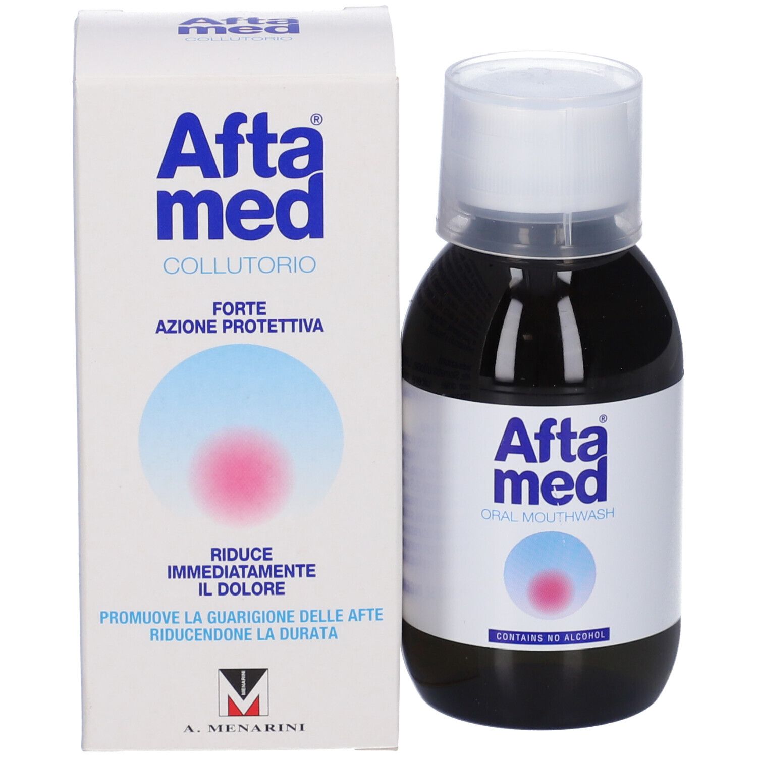 Aftamed Collutorio, collutorio e confezione. Confezione bianca con grafica blu e rosa. Bottiglia di liquido.