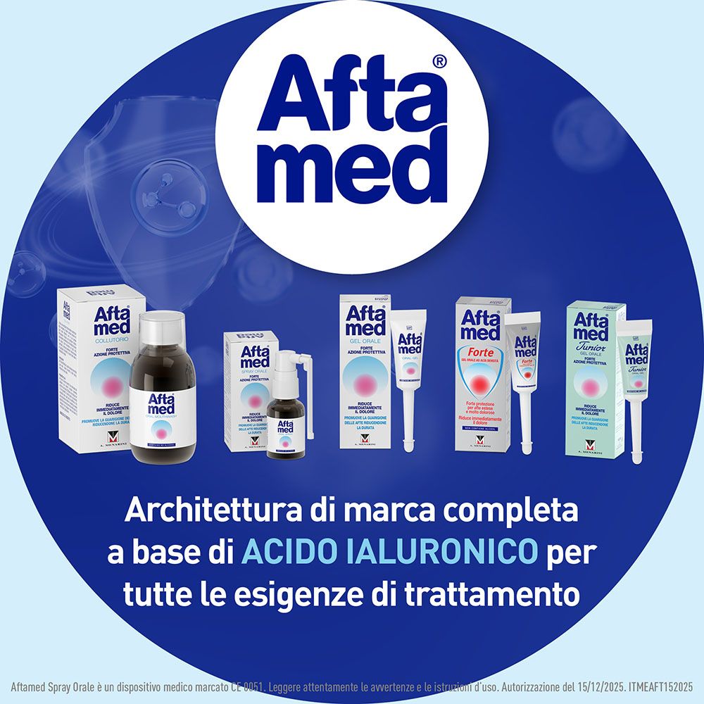 Linea Aftamed. Spray, gel, collutorio. A base di acido ialuronico. Per tutte le esigenze di trattamento.