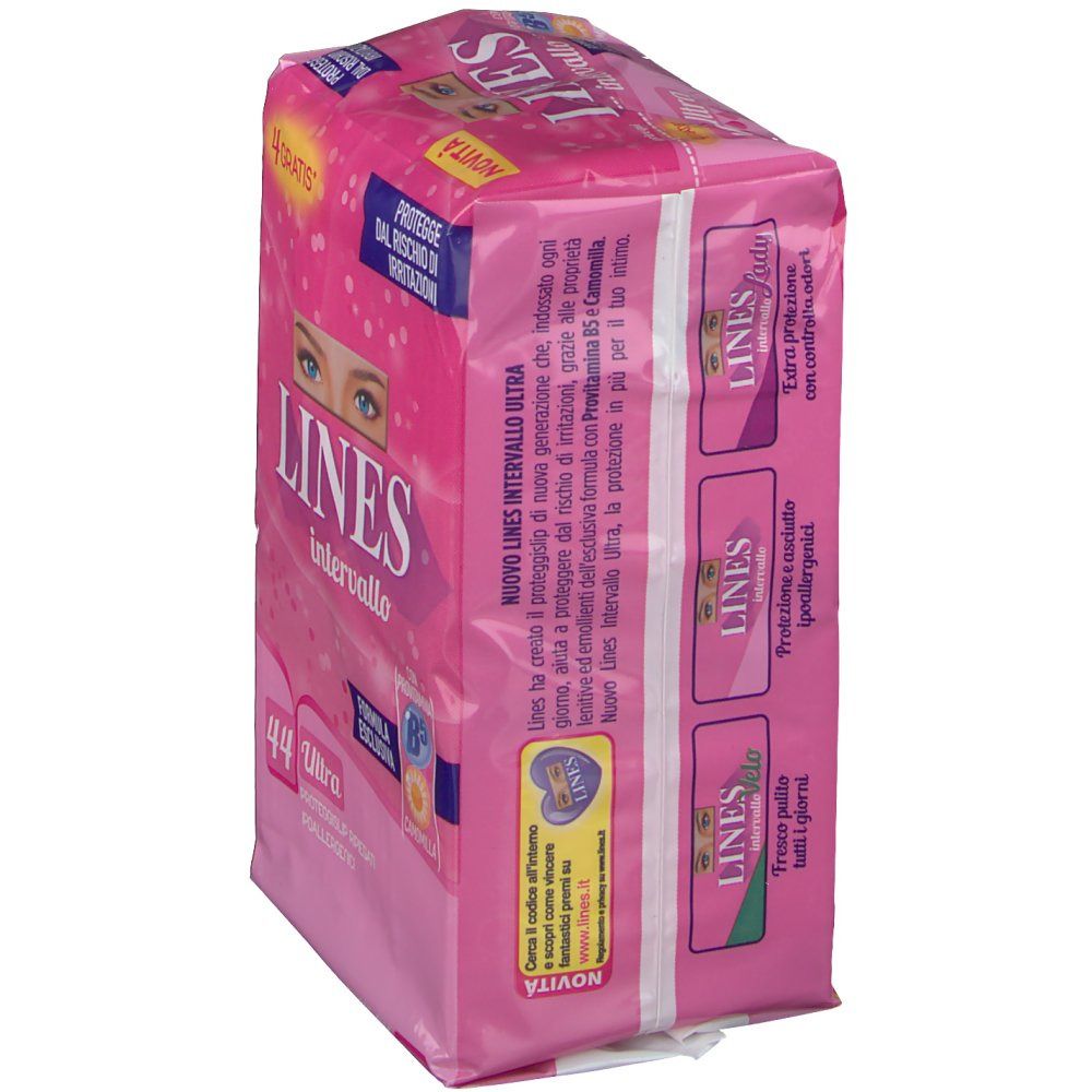 Confezione rosa 'LINES Intervallo Ultra'. Vista laterale con testo. Contiene 44 pezzi. 'Protegge dal rischio di irritazioni'.