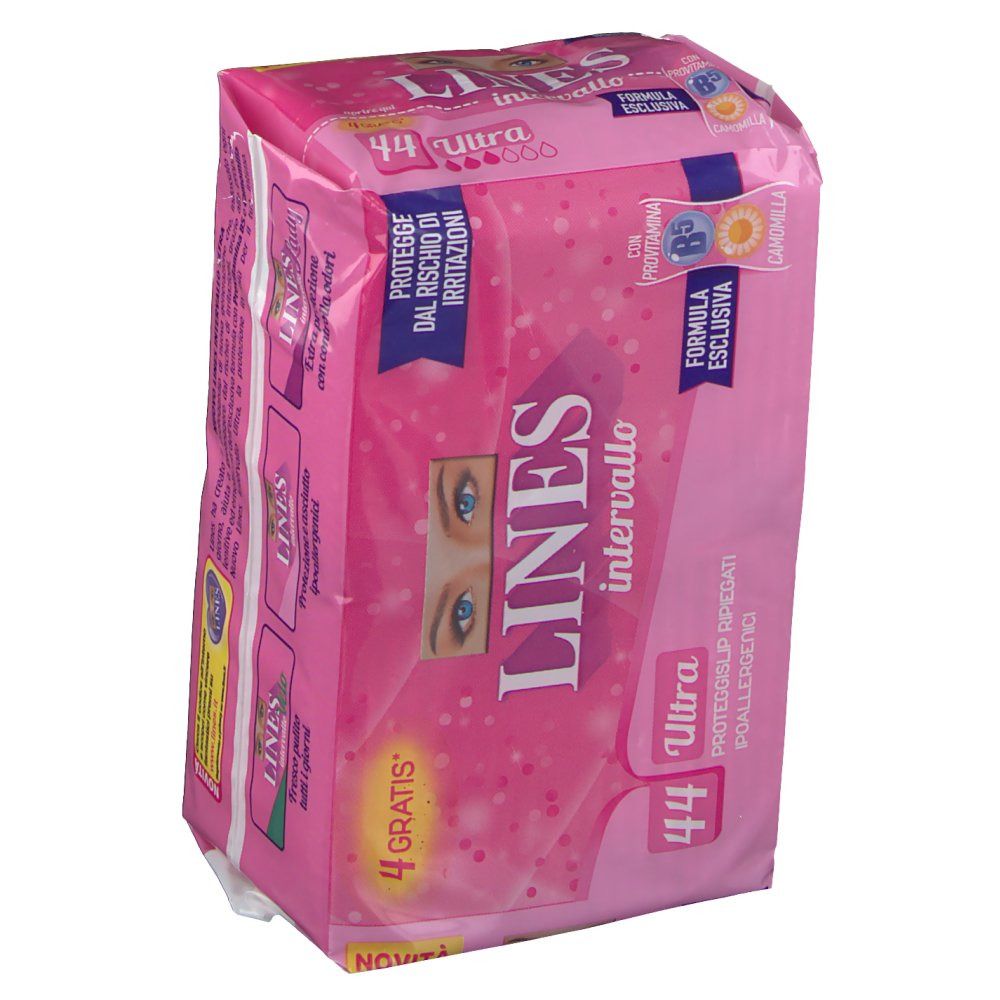 Confezione rosa 'LINES Intervallo Ultra'. Contiene 44 pezzi. Testi: '4 Gratis', 'Protegge dal rischio di irritazioni'.