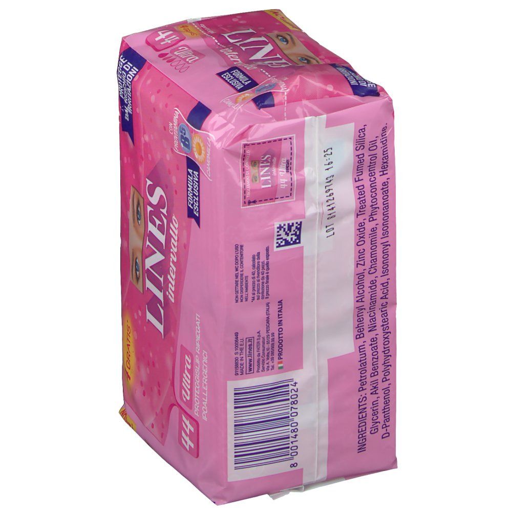 Confezione rosa 'LINES Intervallo Ultra'. Retro con ingredienti e codice a barre. Contiene 44 pezzi.