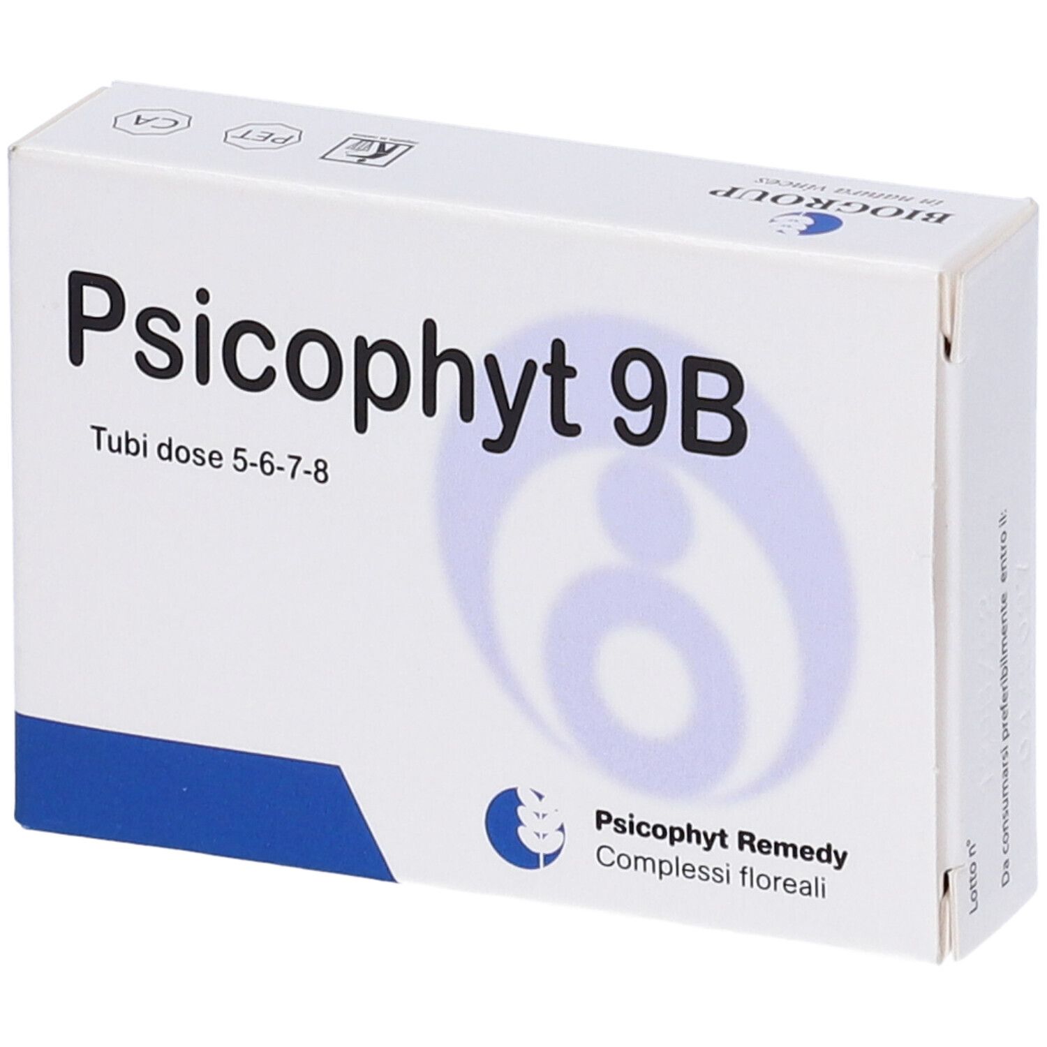 Scatola bianca con scritta: Psicophyt 9B, Tubi dose 5-6-7-8. Logo e testo: Psicophyt Remedy, Complessi floreali. Logo Biogroup.