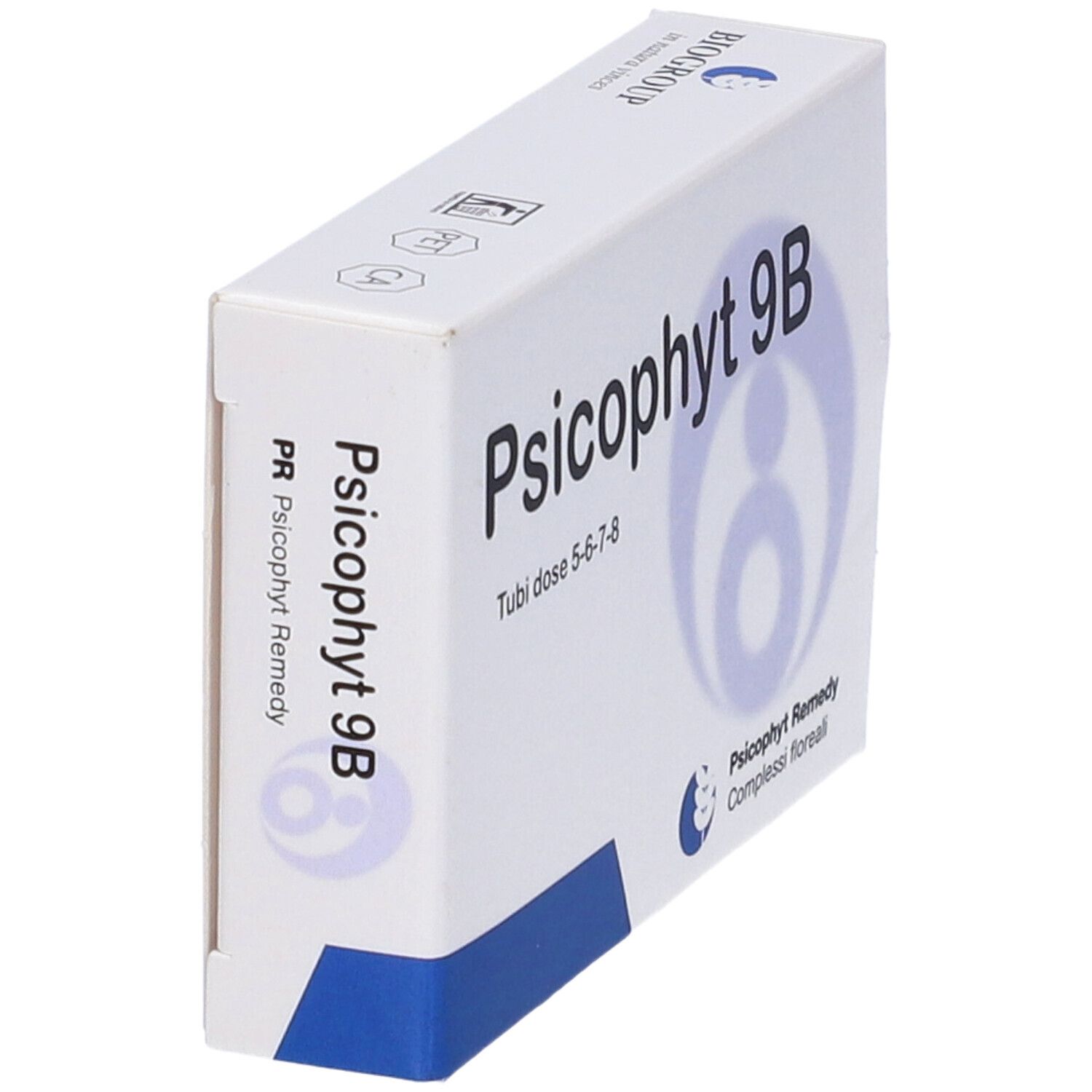 Scatola bianca con scritta: Psicophyt 9B, Tubi dose 5-6-7-8. Logo e testo: Psicophyt Remedy, Complessi floreali. Logo Biogroup.