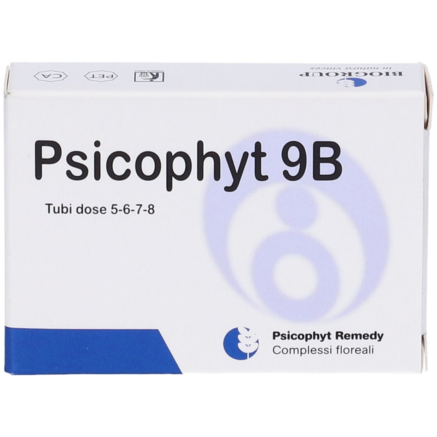 Scatola bianca con scritta: Psicophyt 9B, Tubi dose 5-6-7-8. Logo e testo: Psicophyt Remedy, Complessi floreali. Logo Biogroup.