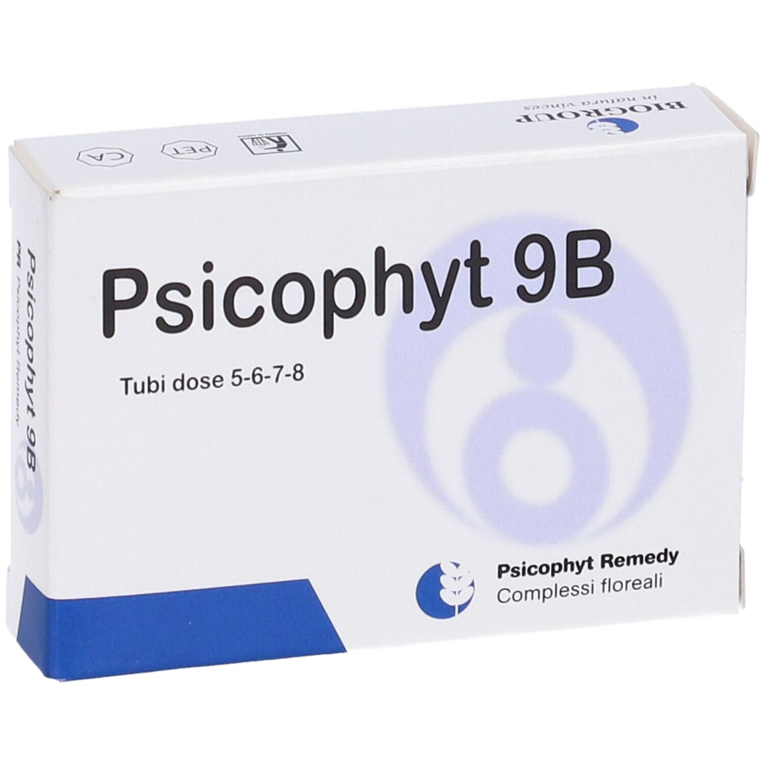 Scatola bianca con base blu. Scritta: Psicophyt 9B, Tubi dose 5-6-7-8. Logo e testo: Psicophyt Remedy, Complessi floreali.