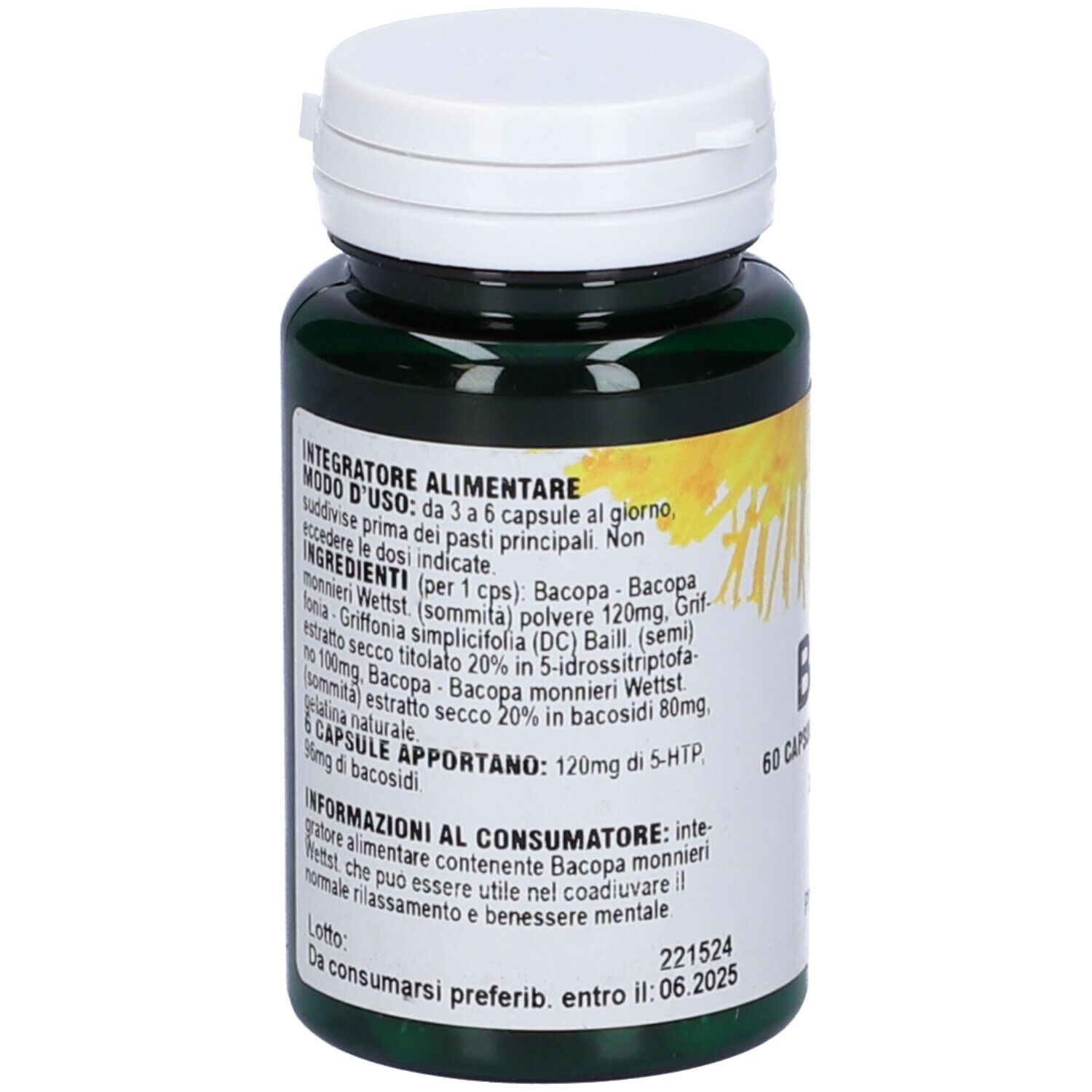 Flacone verde di capsule con coperchio bianco. Etichetta con ingredienti e istruzioni per l'uso.