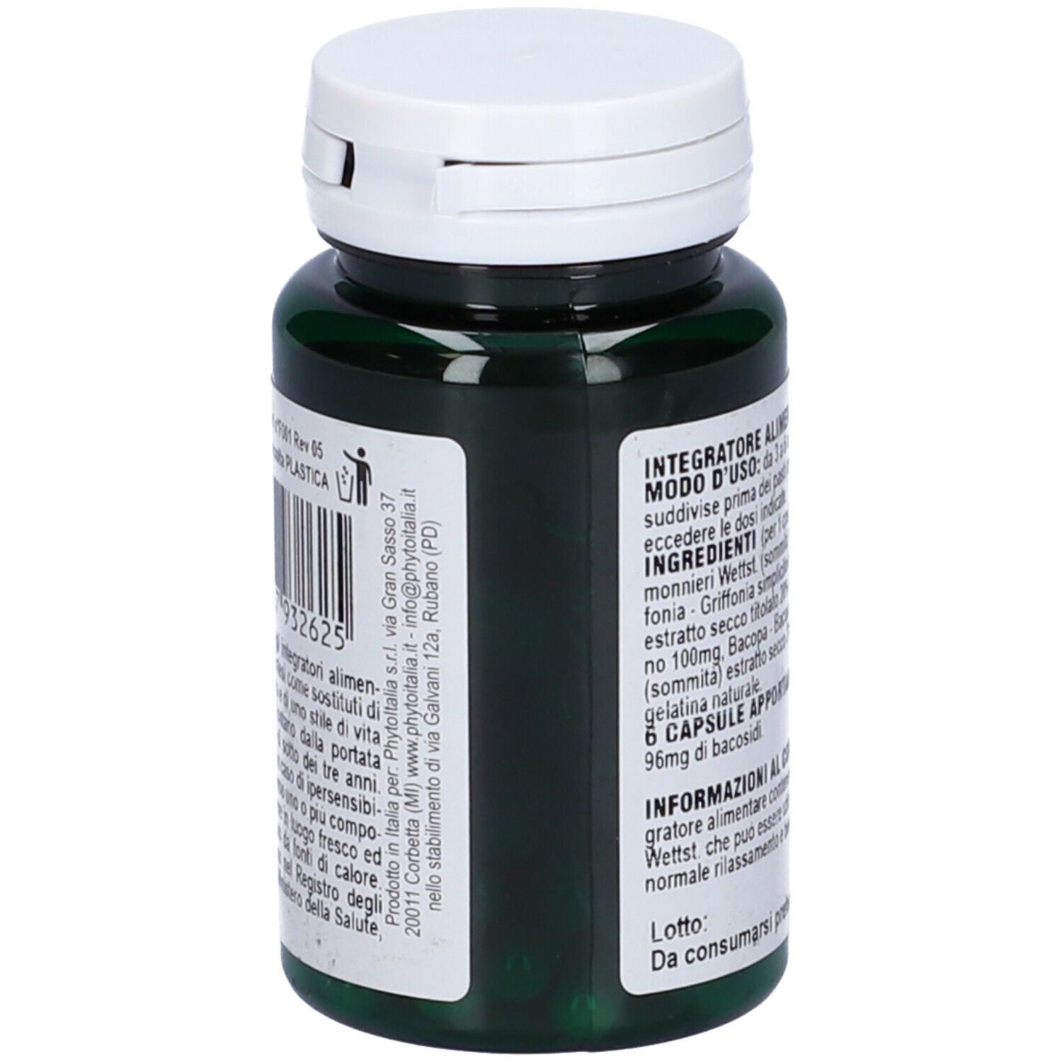 Flacone verde di capsule con coperchio bianco. Retro con codice a barre e informazioni del produttore.