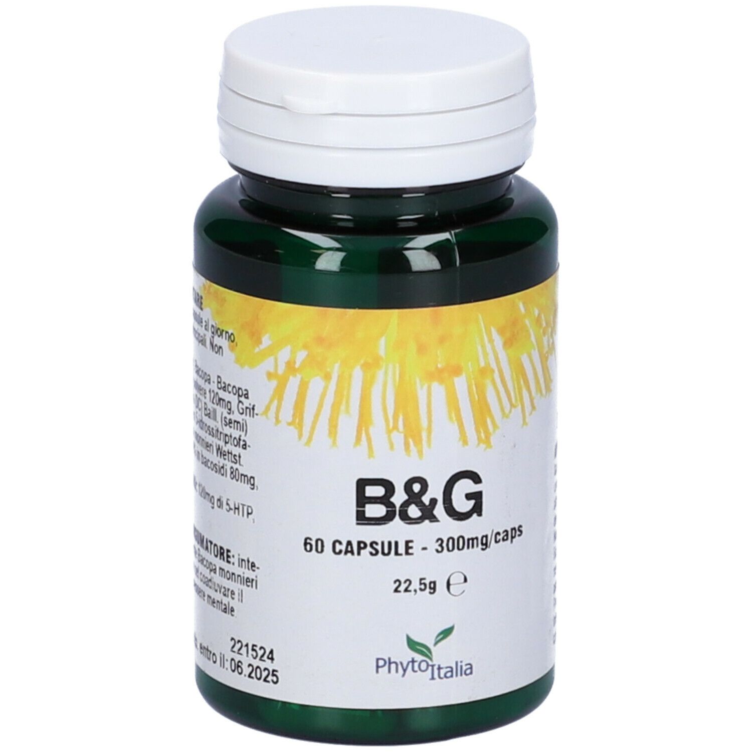 Flacone verde di capsule con coperchio bianco. Scritta B&G, 60 capsule. Etichetta con fiori gialli.
